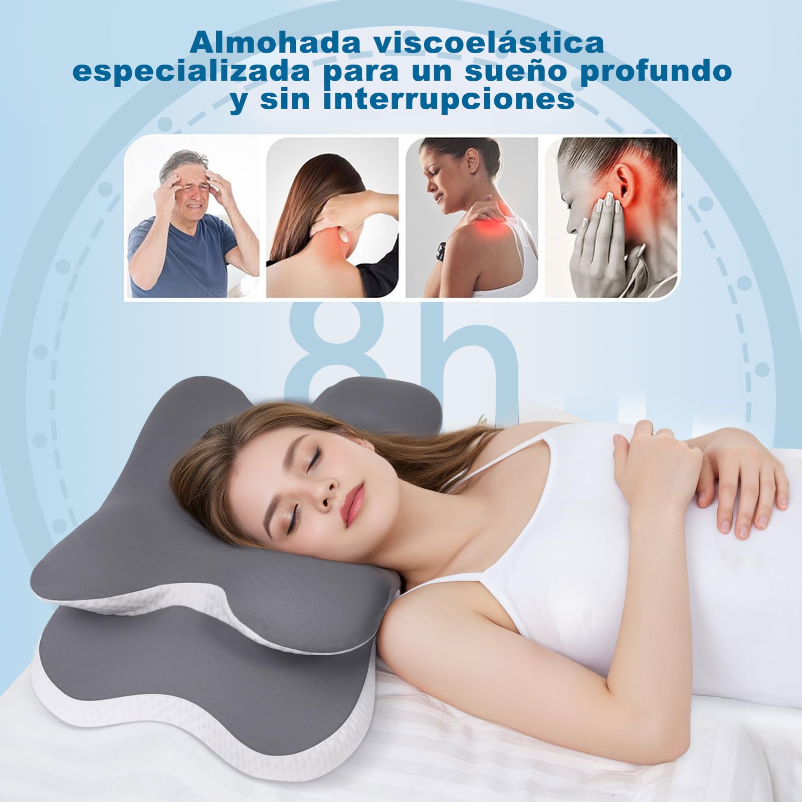 Almohada Ortopédica Viscoelástica – Almohada Cervical Ergonómica para Dormir de Lado, Boca Arriba o Boca Abajo – Alivio del Dolor de Cuello y Hombros – Gris
