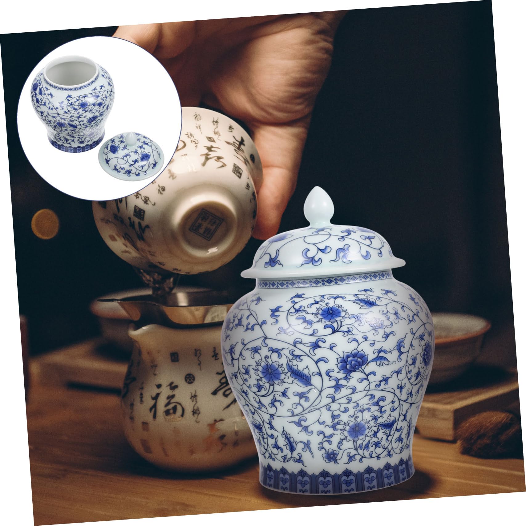 Tarro para Guardar Hojas de Té de Cerámica Azul Estilo Chino | Tapa Sellada, Diseño Retro, Pieza de Sobremesa para Almacenamiento y Ornamento