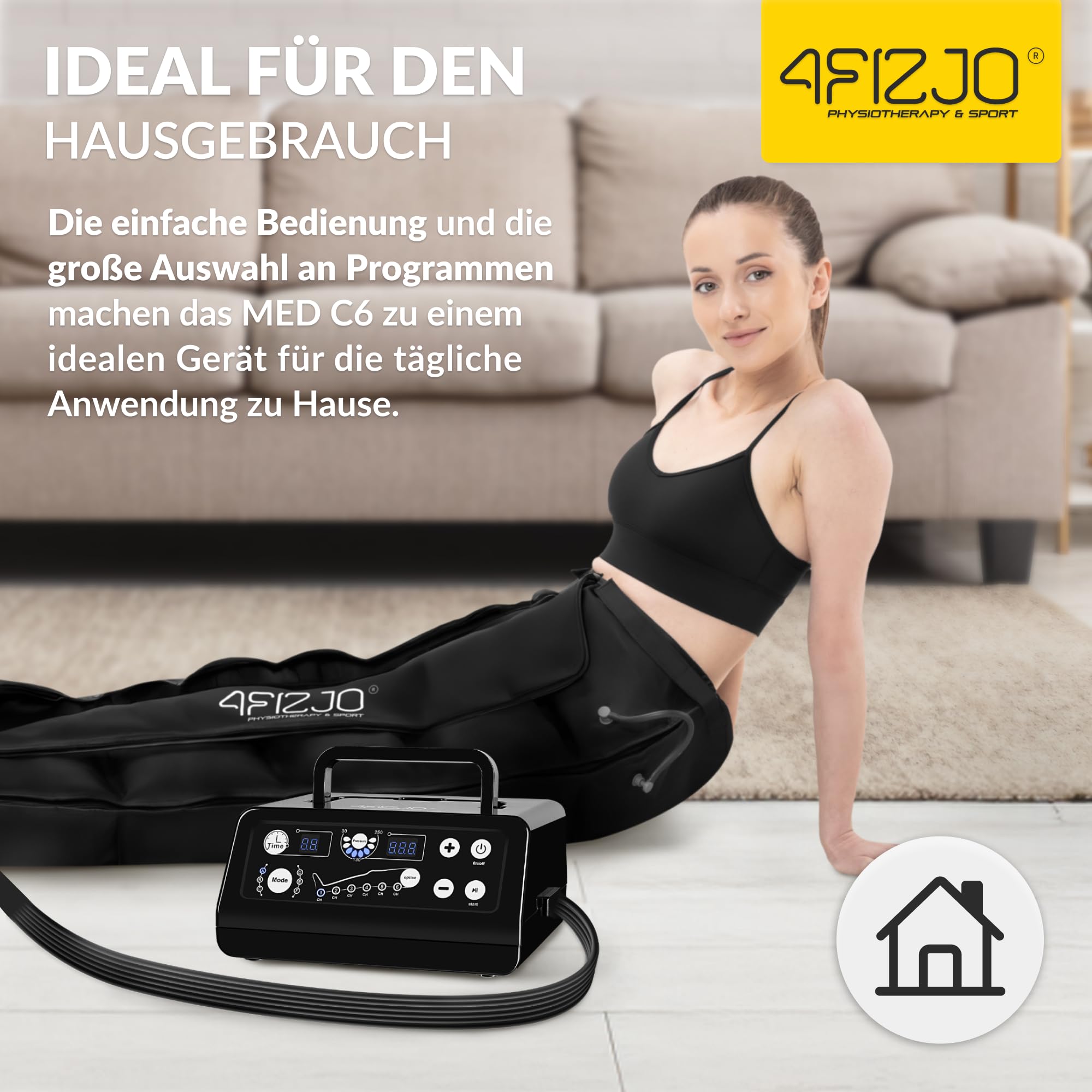 4FIZJO Lymphdrainage-Gerät MED C6, Pressotherapie, Beinmassagegerät, Für Venenrückfluss & gegen Wassereinlagerungen, Maximale Recovery & Entspannung, 30-250 mmHG, 6 Luftkammern, 6 Massageprogramme