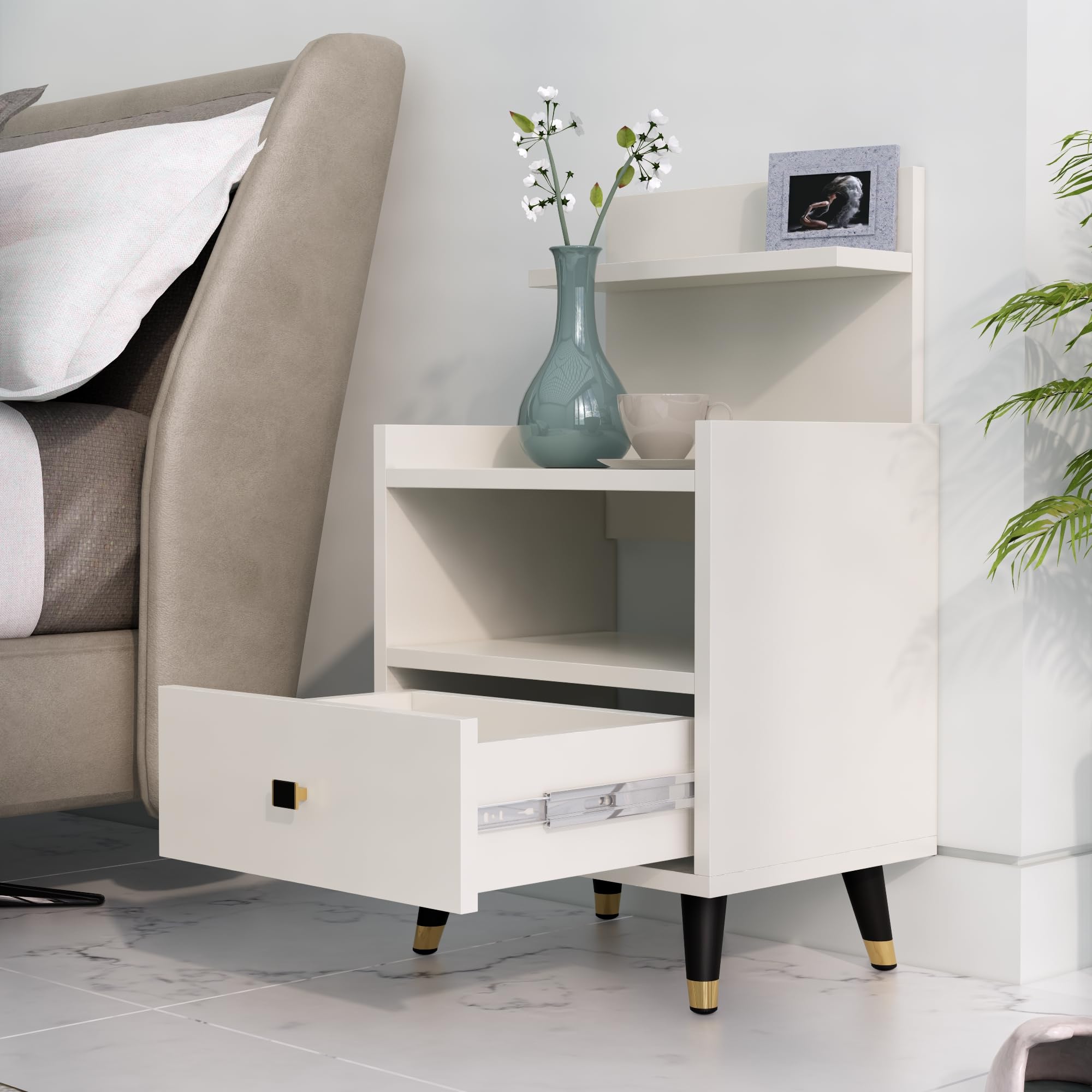 Hexa RedHexa Red Bed Side Table with 1-Drawer, Nightstand, Metal Legs, Bedside Table for Bedrooms, Drawer Storage Cabinet for Living Room Furniture (Frosty White)-image-38