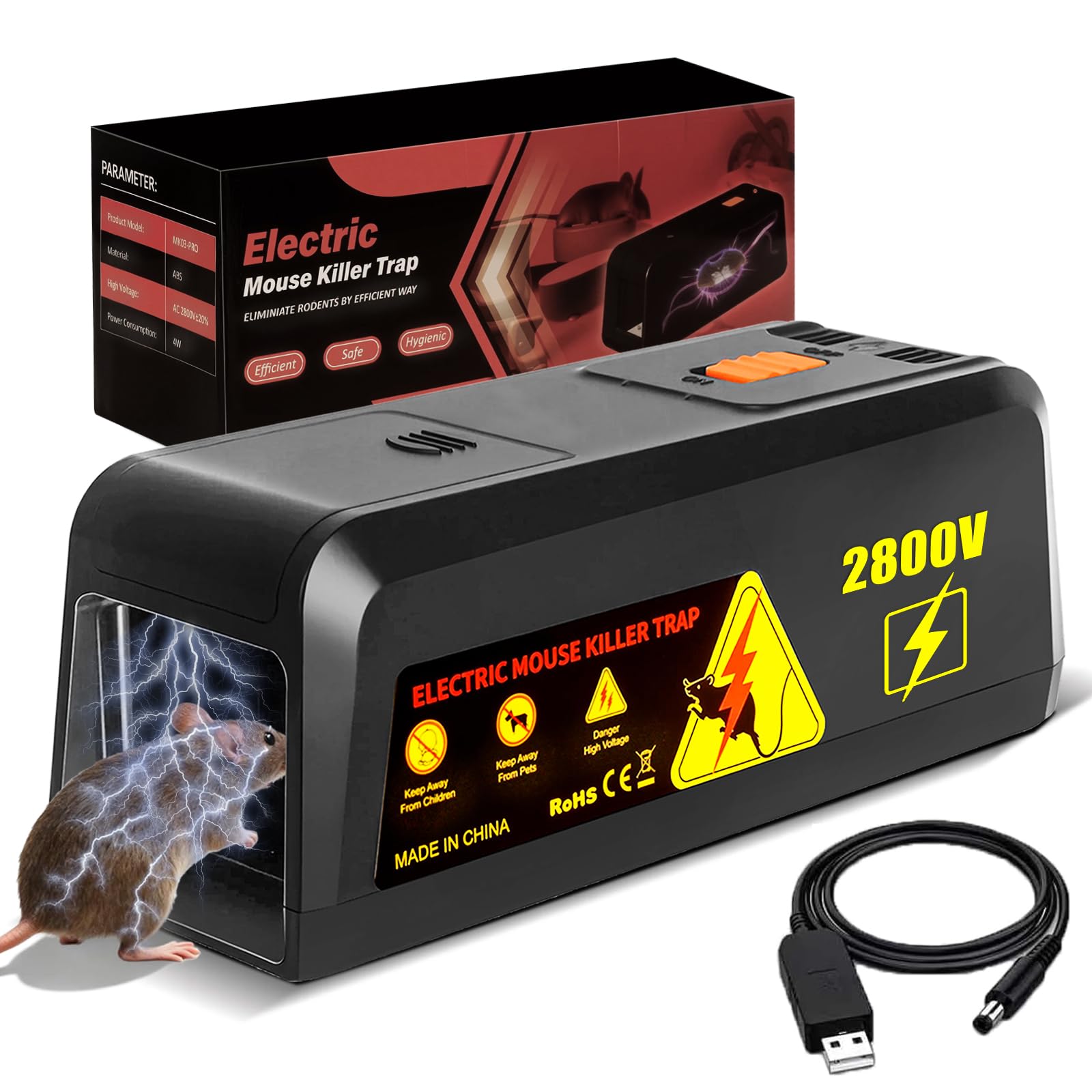 Rattenfalle Elektrisch 2800V, Elektrische Mausefalle mit Großem Einlass, Wiederverwendbar, Hygienisch, Für Haus, Keller, Garage