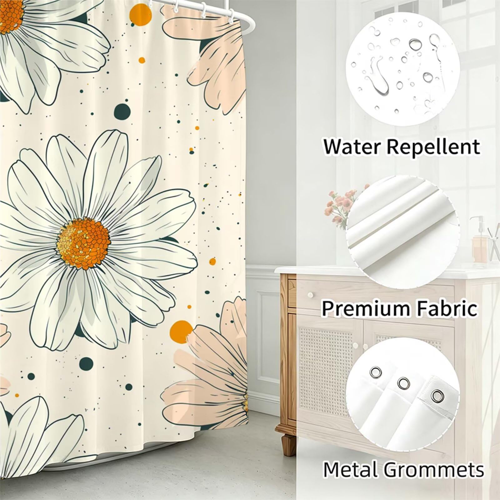 Beige Tenda Doccia 180x180cm,Tenda per Doccia Tessuto Poliestere Impermeabile Asciugatura Rapida con 12 Anelli,Tende Finestra Bagno e Vasca Pieghevole per Angolare Casa Shower Curtain crisantemo J-358