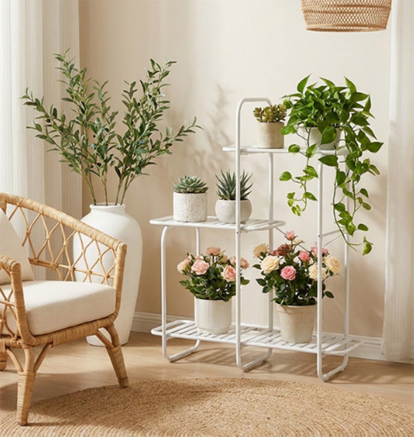 Support pour plantes en métal blanc, étagère à 3 niveaux grands pots fleurs