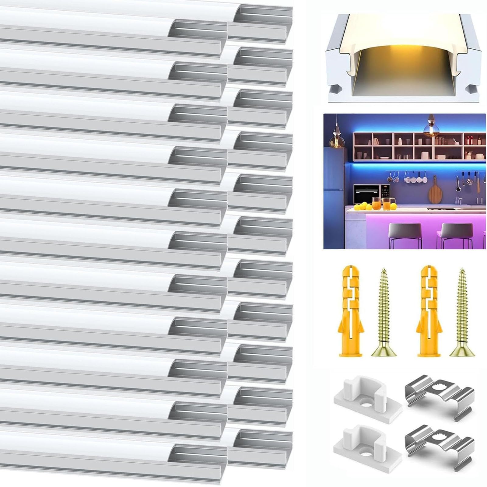 20 perfiles de aluminio LED, canal de 1 m, perfil negro con cubierta blanca lechosa, tapas finales, clips de montaje para difusores de luces LED (sin tiras LED)