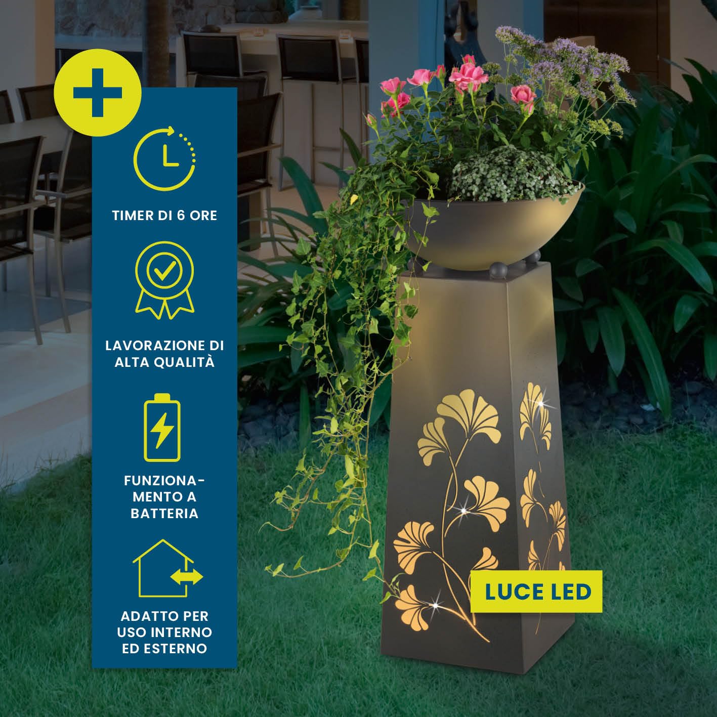 Hoberg LED Fioriera su piedistallo Foglie di Ginkgo Design in Color Cemento | Vaso Rimovibile (Ø 34cm) Adatto per Uso Interno ed Esterno | Illuminazione Integrata, USB o Solare [23 x 23 x 70 cm]