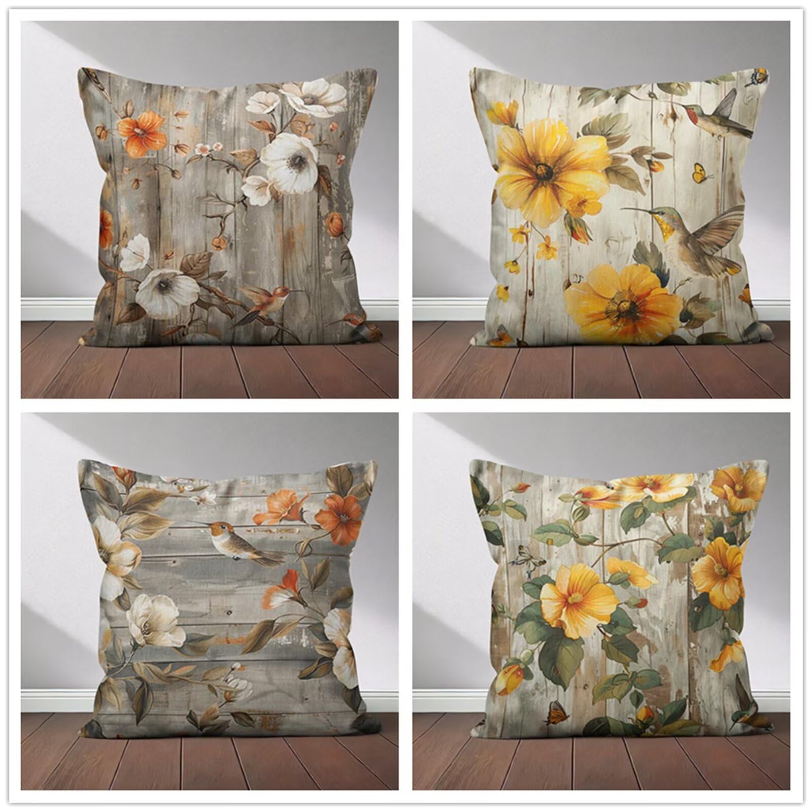 Heaen Outdoor Cushions Covers Waterproof 35x35 cm Set of 4 Square Linen Pillow Cases Yellow Floral Birds Decorative Dushions for Sofa Porch Patio Home Decor