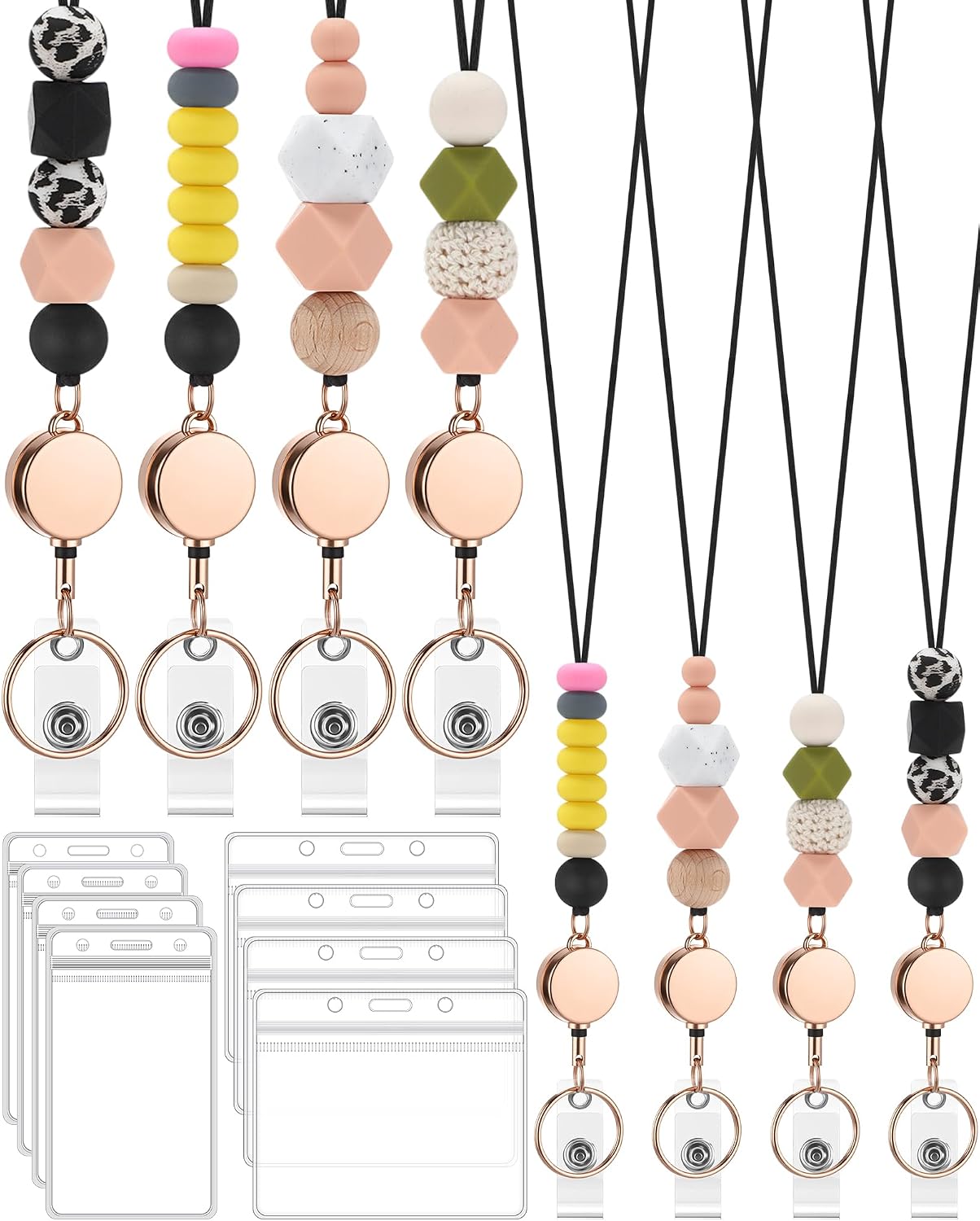 4 Set Teacher Gifts Lanyard with ID Holder Wooden Silicone Beaded Retractable Lanyards for ID Card Badges Key Ring