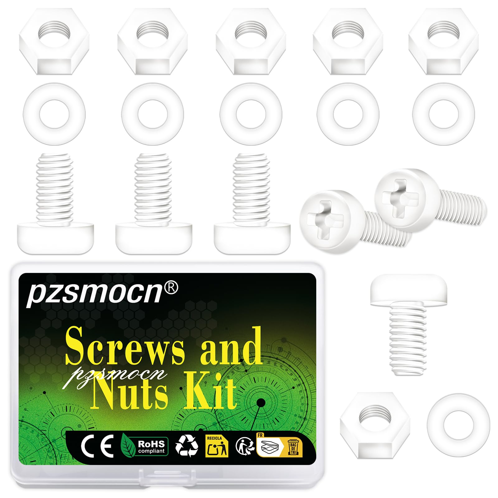 Pzsmocn 300 Pieces/100 Sets M4*12 mm Plastic White Nylon Cross Round Head Screw Hexagonal Nut Combination Kit, with Insulating Washers, Standard Size, For DIY and Electronic Assembly. — image 1