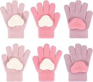 QKURT 3 Pairs Kids Winter Knit Gloves Children Thick Warm Fleece Cute Heart Stretch Magic Glove for Girls Boys Age 3-7 years