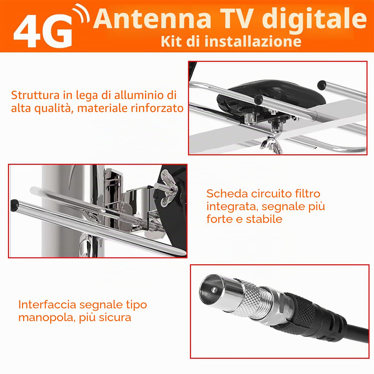 Kit di installazione antenna TV digitale 4G per esterni, antenna da tetto per Smart Freeview HD antenna TV esterna digitale + connettore coassiale maschio femmina 10 m RG6 cavo di fissaggio viti dadi