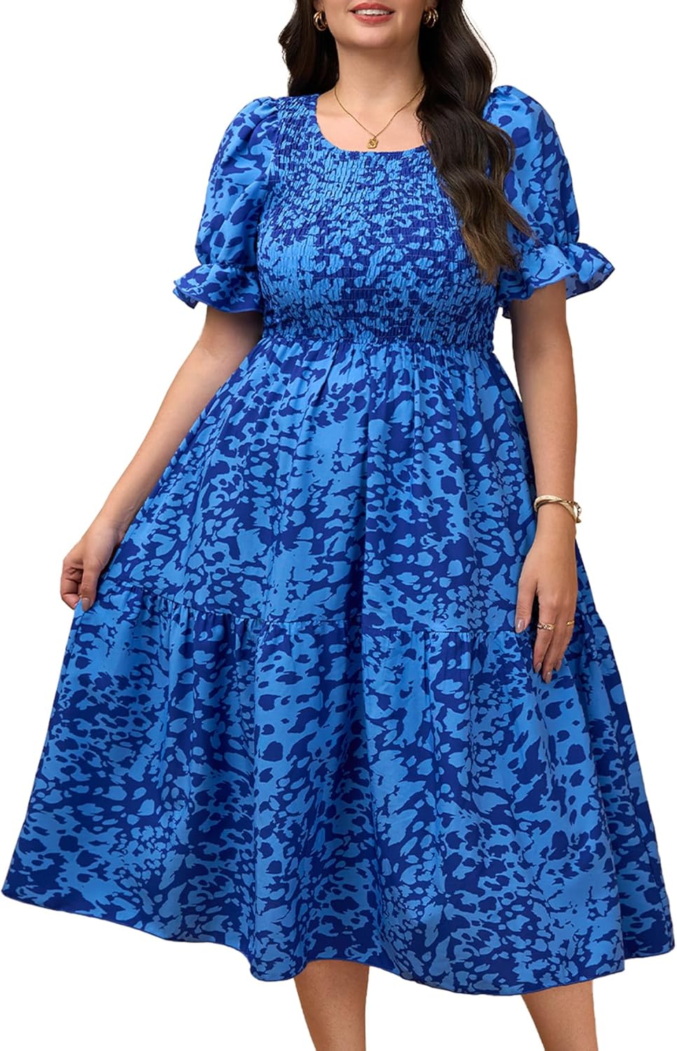 SCOMCHIC Womens Plus Size Summer Dresses 2025 Casual Puff Short Sleeve Crewneck Smocked Flowy Ruffle Boho Party Maxi Dress