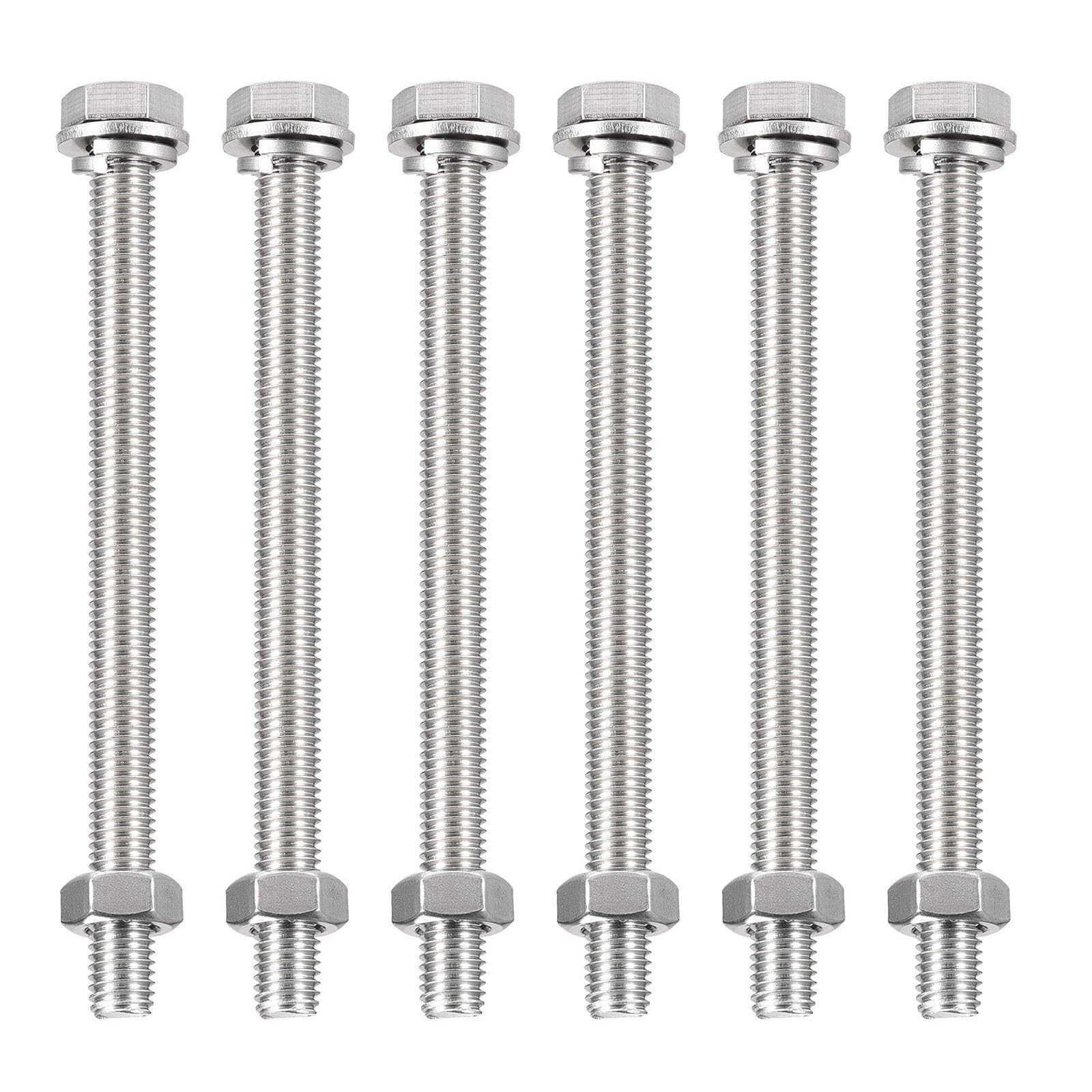 TA-VIGOR M10 x 140mm Stainless Steel Hex Bolts and Nuts Set, 6PCS Fully Threaded Hex Head Screws with Nuts, Flat Washers & Lock Washers, 304 Stainless Steel Assortment Kit for Machinery, Equipment