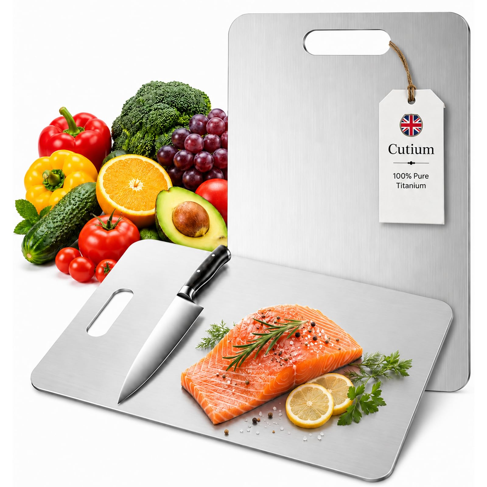 Cutium Titanium Chopping Board, Pure Titanium Cutting Board 34x23cm, Non-Porous Scratch Resistant Kitchen Board, Knife-Friendly Heat Resistant Dishwasher Safe Food Preparation Board (39 * 28cm)
