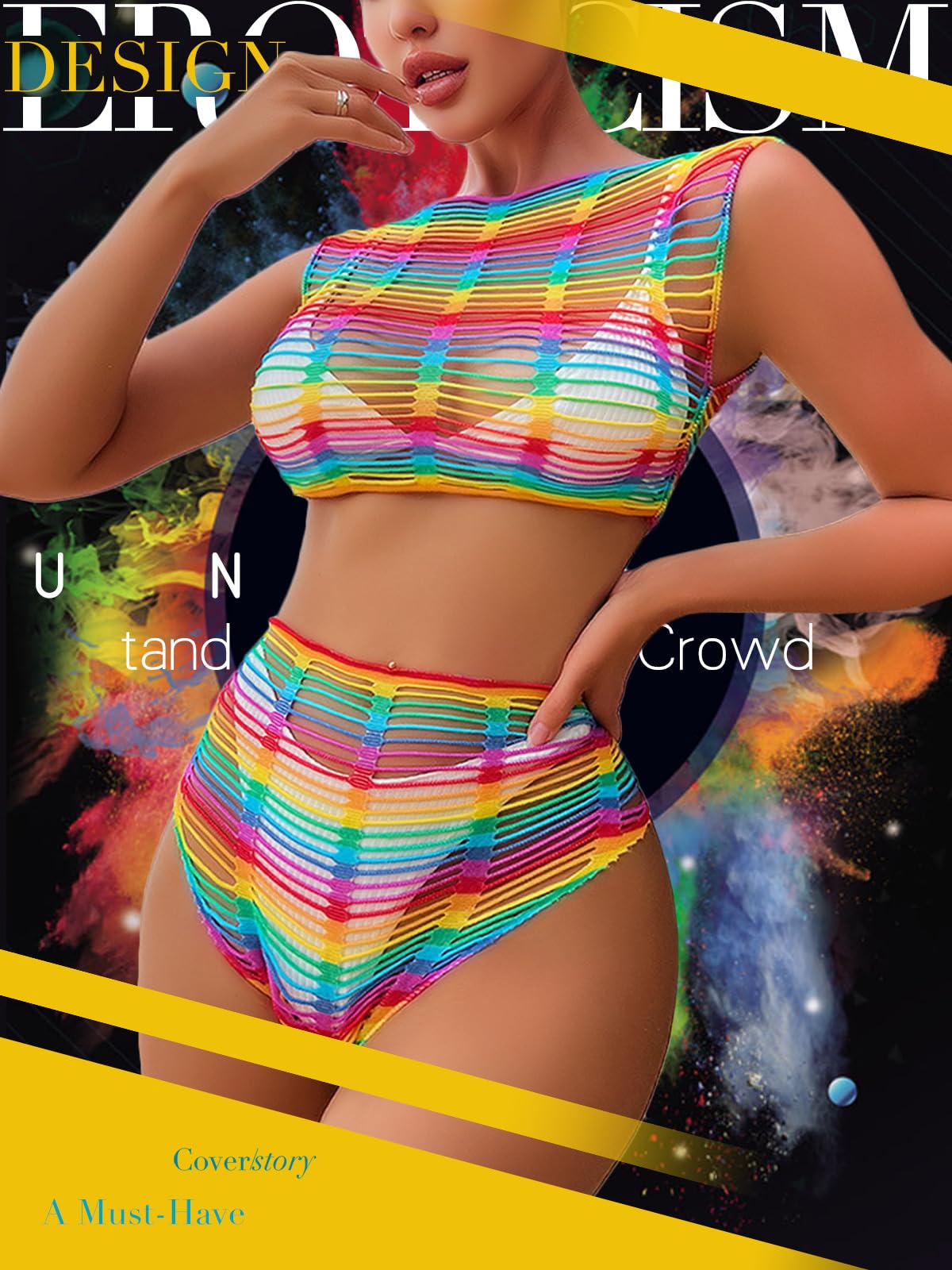 FasiCat Women's Mesh Lingerie Fishnet Babydoll Mini Dress Bodysuit See Through Shirts Long Sleeves Lingerie Bodysuit Cover Up: Rainbow1105