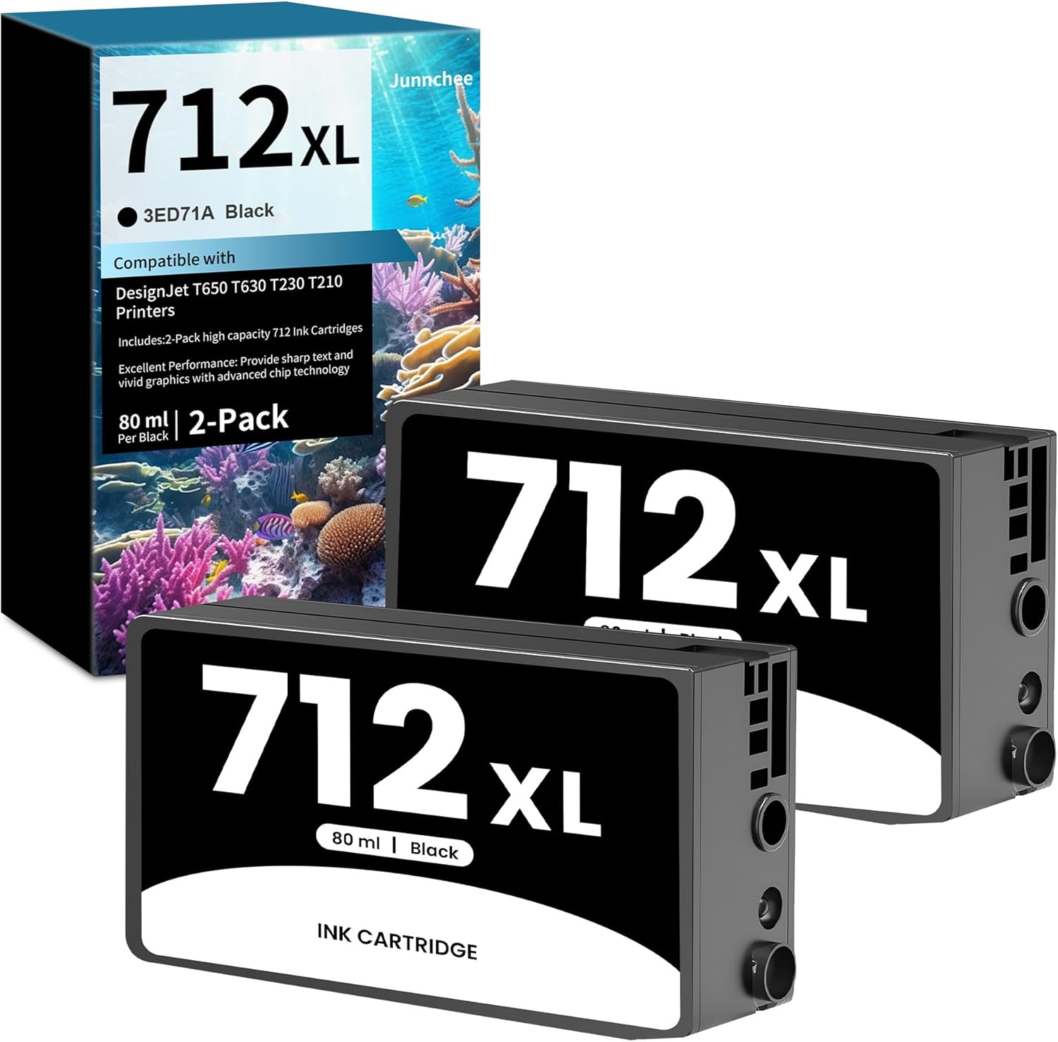 712XL 712 Black Ink Cartridge 80ml Replacement for HP 712 XL 712XL Black Ink Cartridge 3ED71A for DesignJet T650 T630 T230 T250 T210 & Studio Plotter Printer (2-Pack)