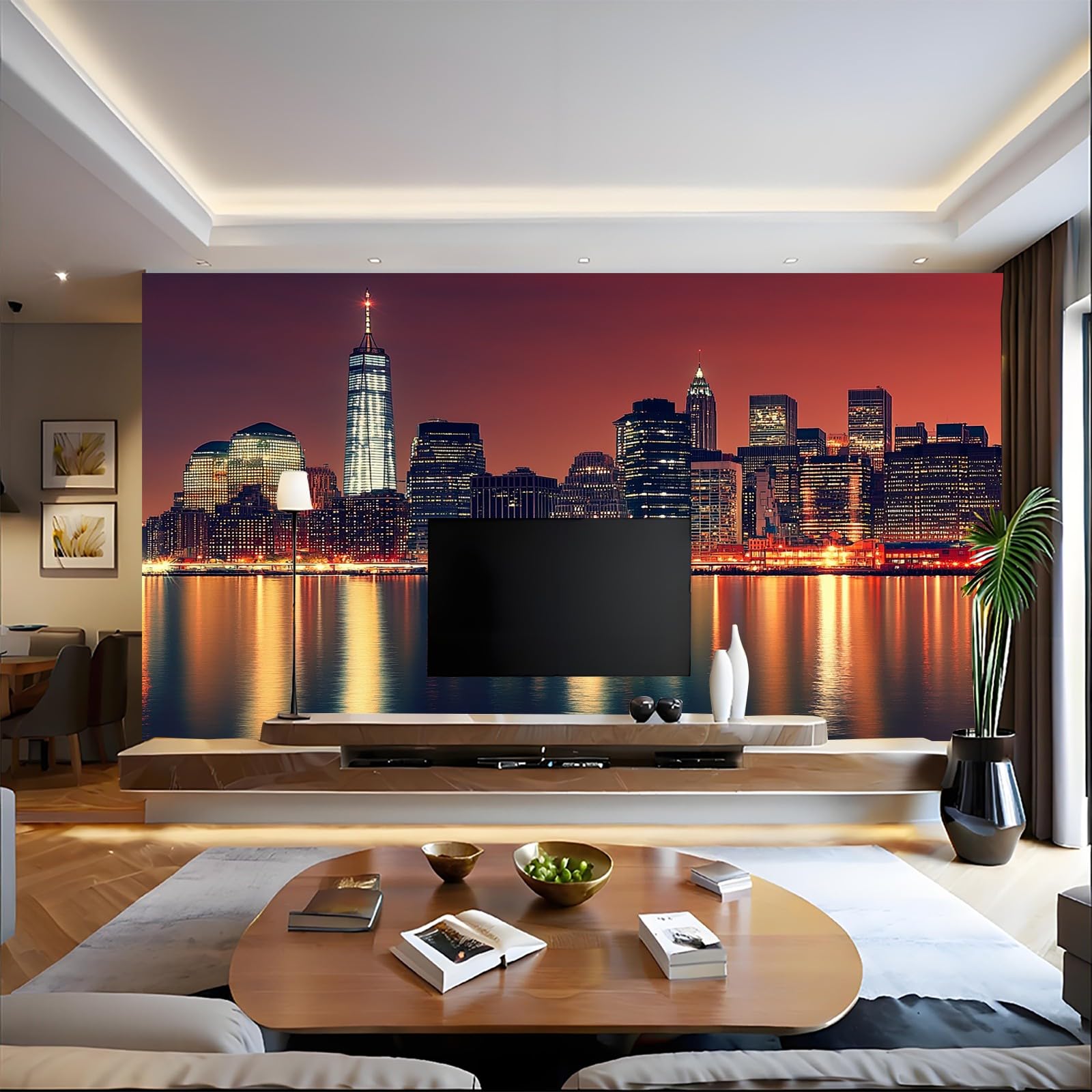Carta da Parati 3D Moderna Paesaggio urbano di New York Fotomurale vista notturna 300 x 210 cm Decorazione da Muro Poster Gigante Design per Pareti