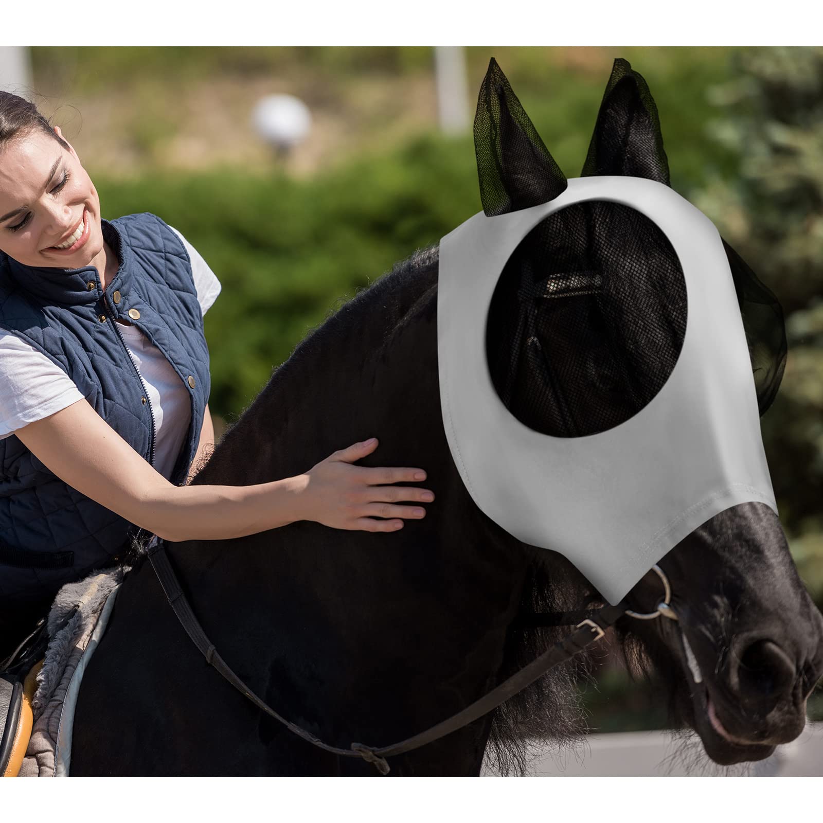 Frienda 4 maschere antimosche per cavalli, maschera antimosche per cavalli con protezione per le orecchie, maschera elastica liscia con protezione solare per cavalli (nero, grigio, blu, verde menta,