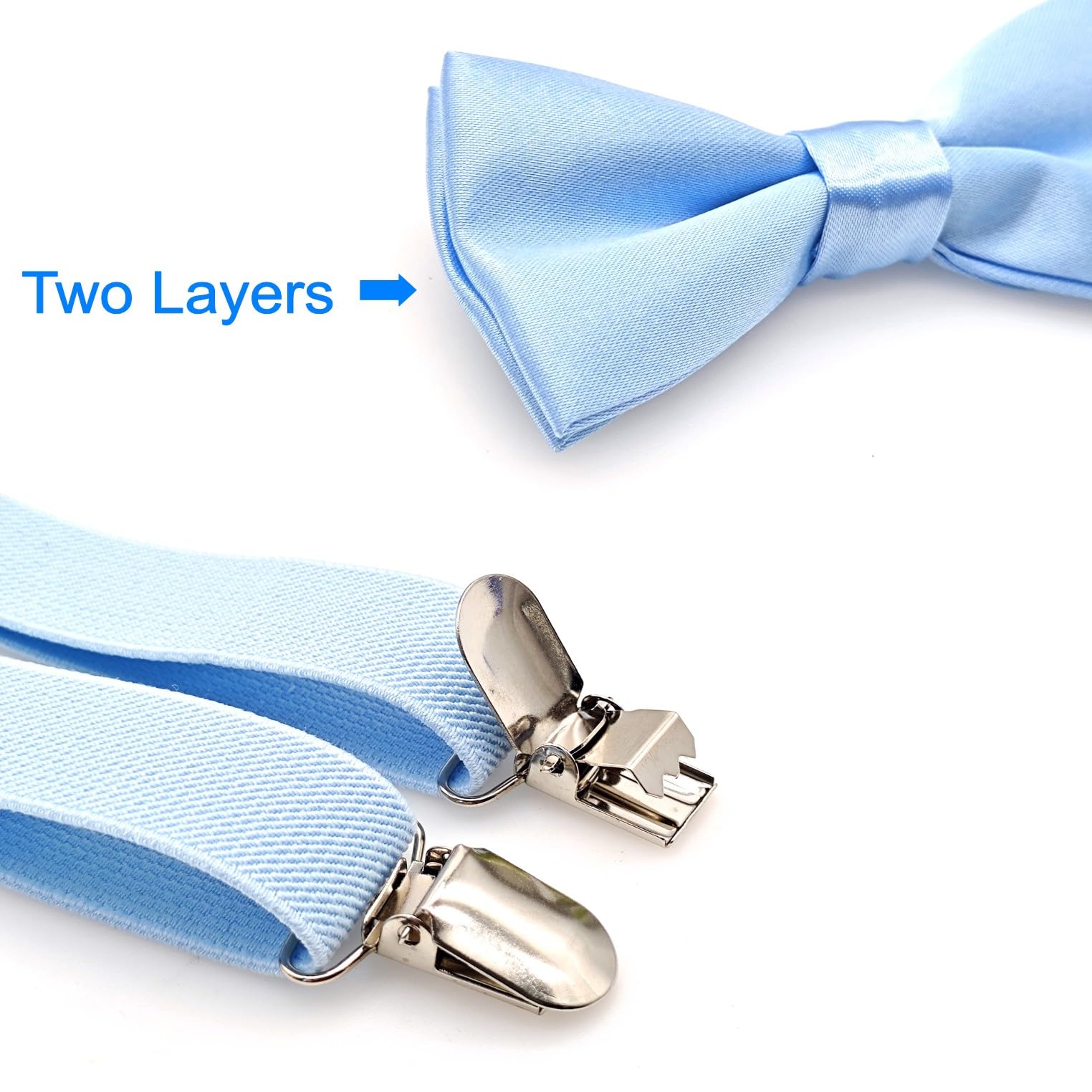 JZK Conjunto pajarita y tirantes azul claro para niños menos 135 cm, ajustable con clip forma Y tirantes con pajarita azul cielo para infantil pequeños, para bodas, fiestas
