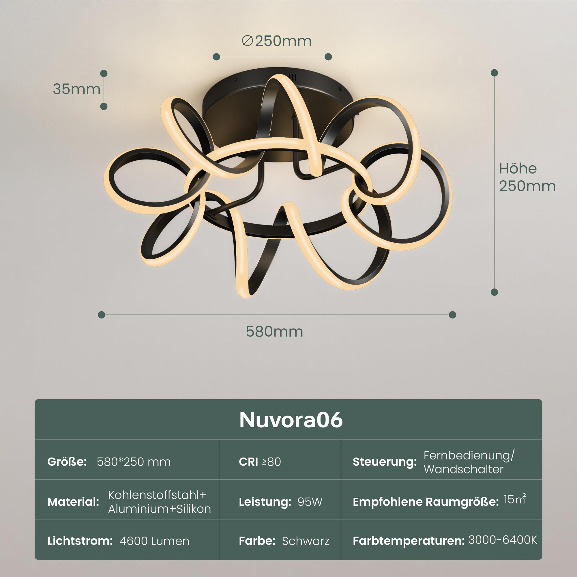 Deckenlampe 58cm, dimmbar, LED Deckenleuchte mit Fernbedienung | 3000-6400K, 112W Schwarz,Moderne,für Schlafzimmer, Wohnzimmer, Kinderzimmer, Nuvora06