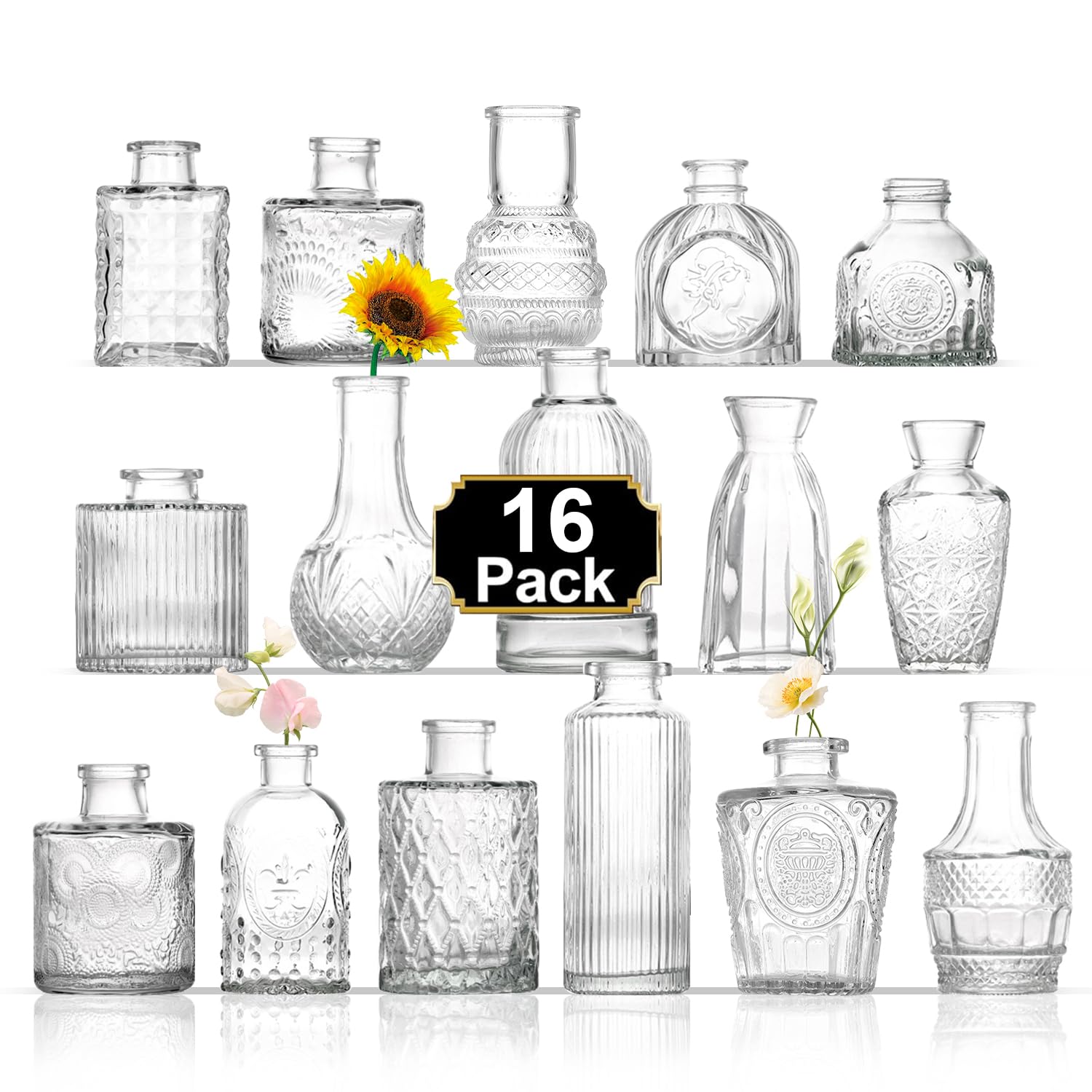 ROLLSCERAY Bud Vases Set of 16, Small Vase for Flowers, Glass Vase for Centerpieces, Small Flower Vases for Centerpieces, Mini Vases, Vintage Vase, Clear Bud Vases for Wedding Table Decor