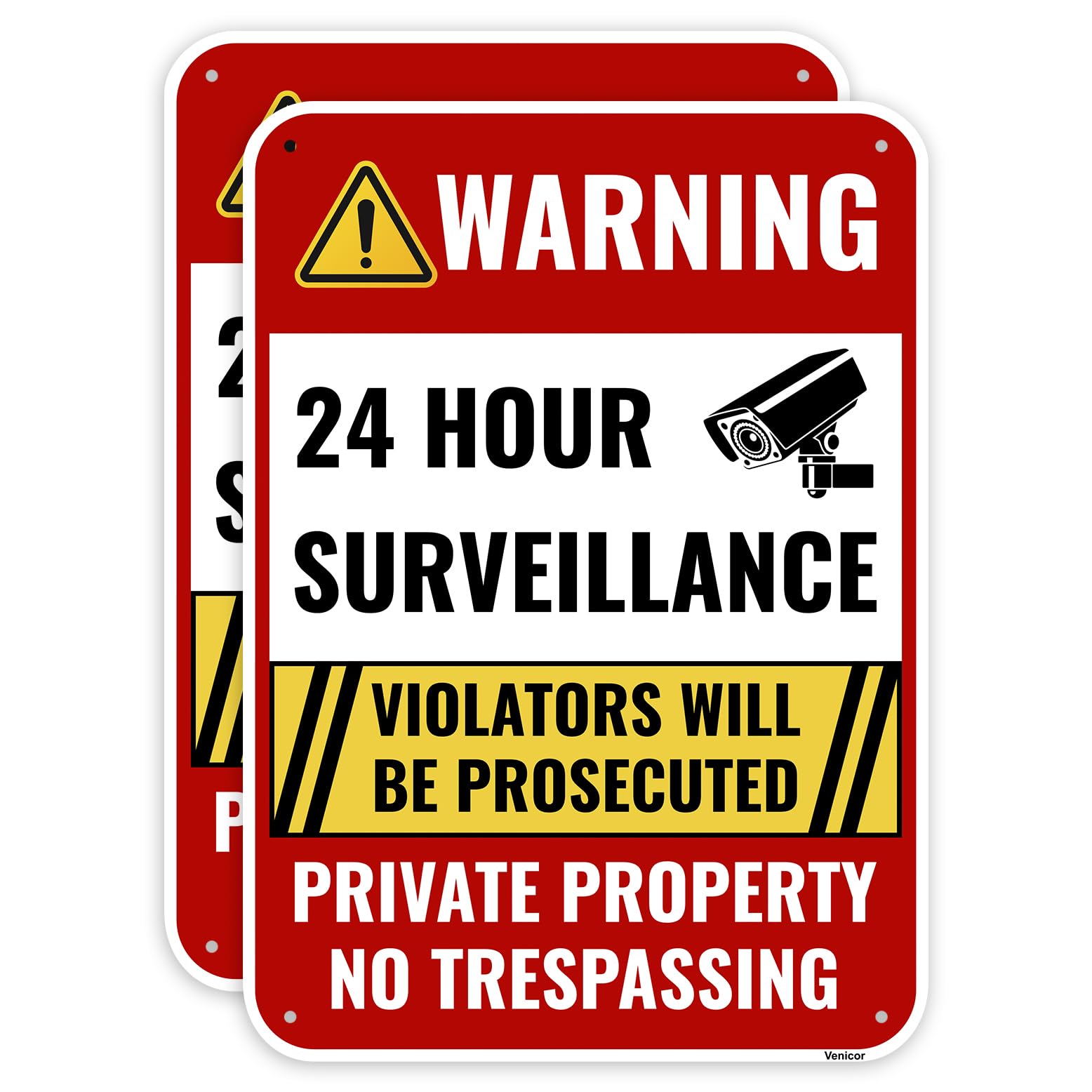 2 Pack 24 Hour Surveillance Sign, 8" x 12" Inches - Aluminum - Private Property No Trespassing - Security Camera Metal Warning Sign