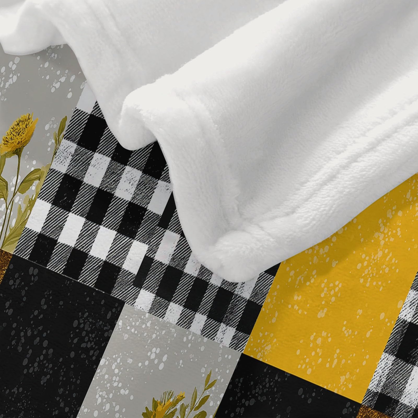 Polarowy koc flanelowy dla dzieci i dorosłych 200 x 200 cm, koce na kanapę z prostym nadrukiem czarno-białe kwadratowe promienie słońca Aoi - Miodowy żółty miękki ciepły ciepły lekki koc