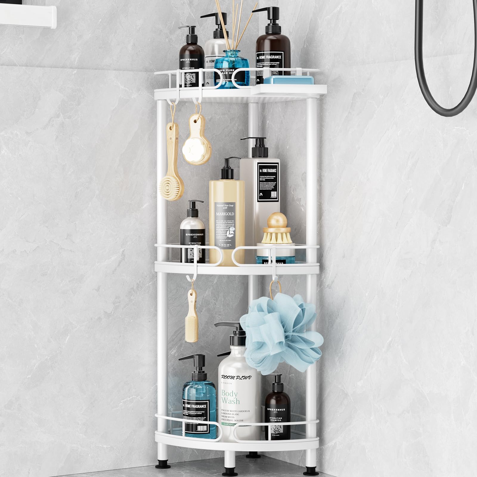SWTYMIKI Corner Shower Caddy Standing, 3 Tier Stainless Steel Shower Organizer Stand with 4 Hooks & Soap Holder