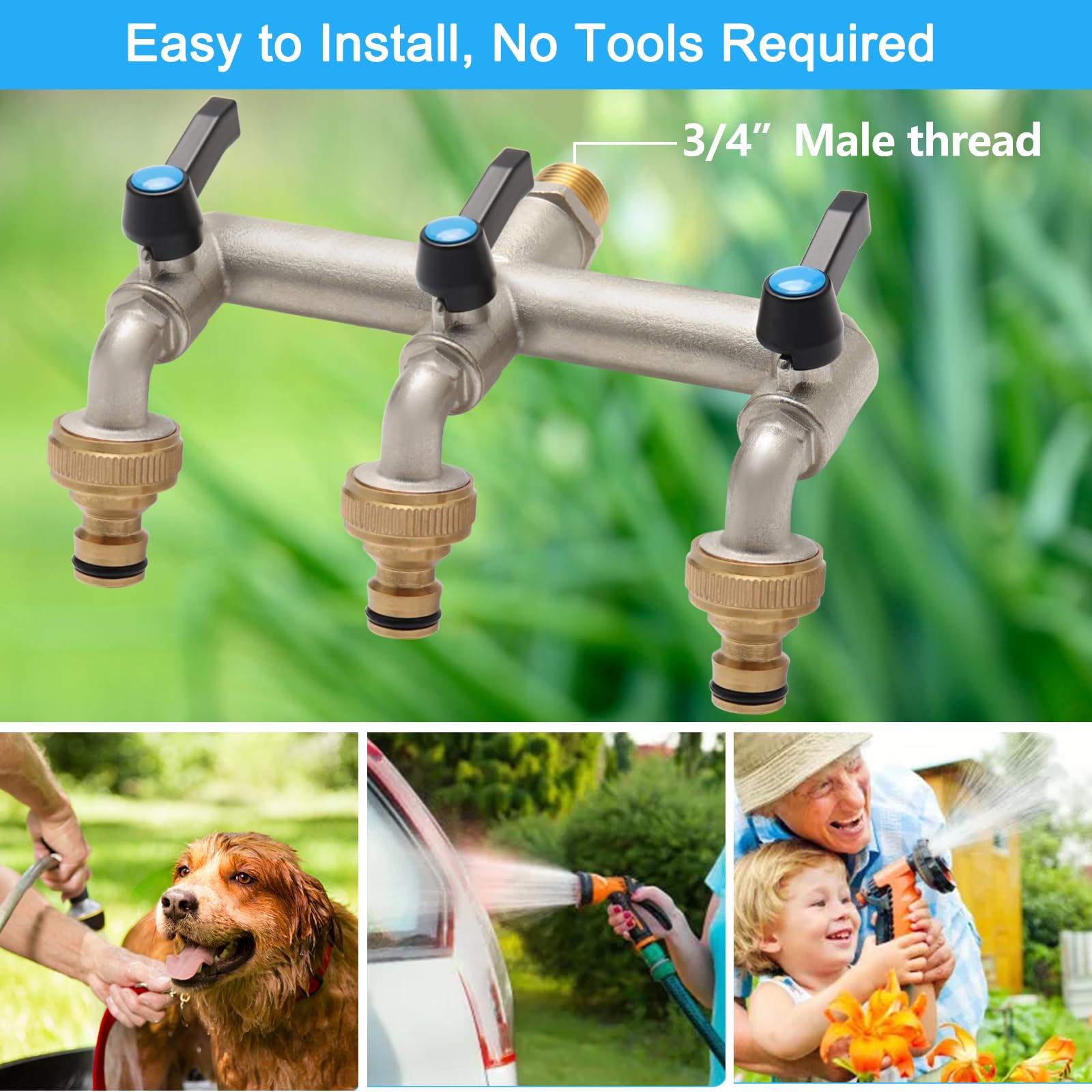 3-Wege Wasserhahn Garten 3/4 Zoll, Garten Doppel Wasserhahn mit 3 Stück 3/4 Zoll auf 1/2 Zoll Hahnanschluss für Haus, Hof/Waschmaschine