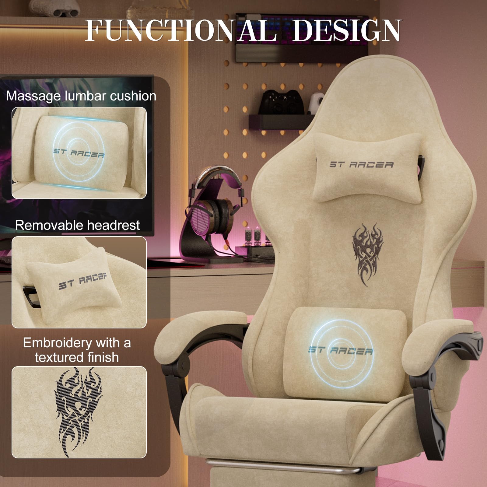 Verdego Silla Gaming con Masaje Lumbar y Reposapiés, Silla Gamer Ergonómica, Tela de Terciopelo, Reclinable 90-125°, Altura Ajustable 10cm, Giratoria 360°, Cadeira Gaming Oficina y Juegos (Beige)