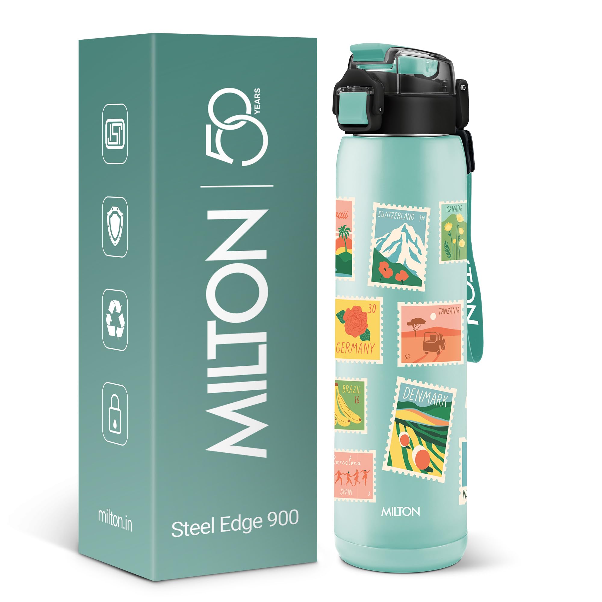 Milton Steel Edge 900 Thermoware Water Bottle 600 ml with One Touch Safety Lock & Twin Lid Sip or Gulp,Long Hours Hot & Cold,Leak Proof,ISI Certified,Vacuum Insulated,for Office,Gym,School, Aqua Green-image-41