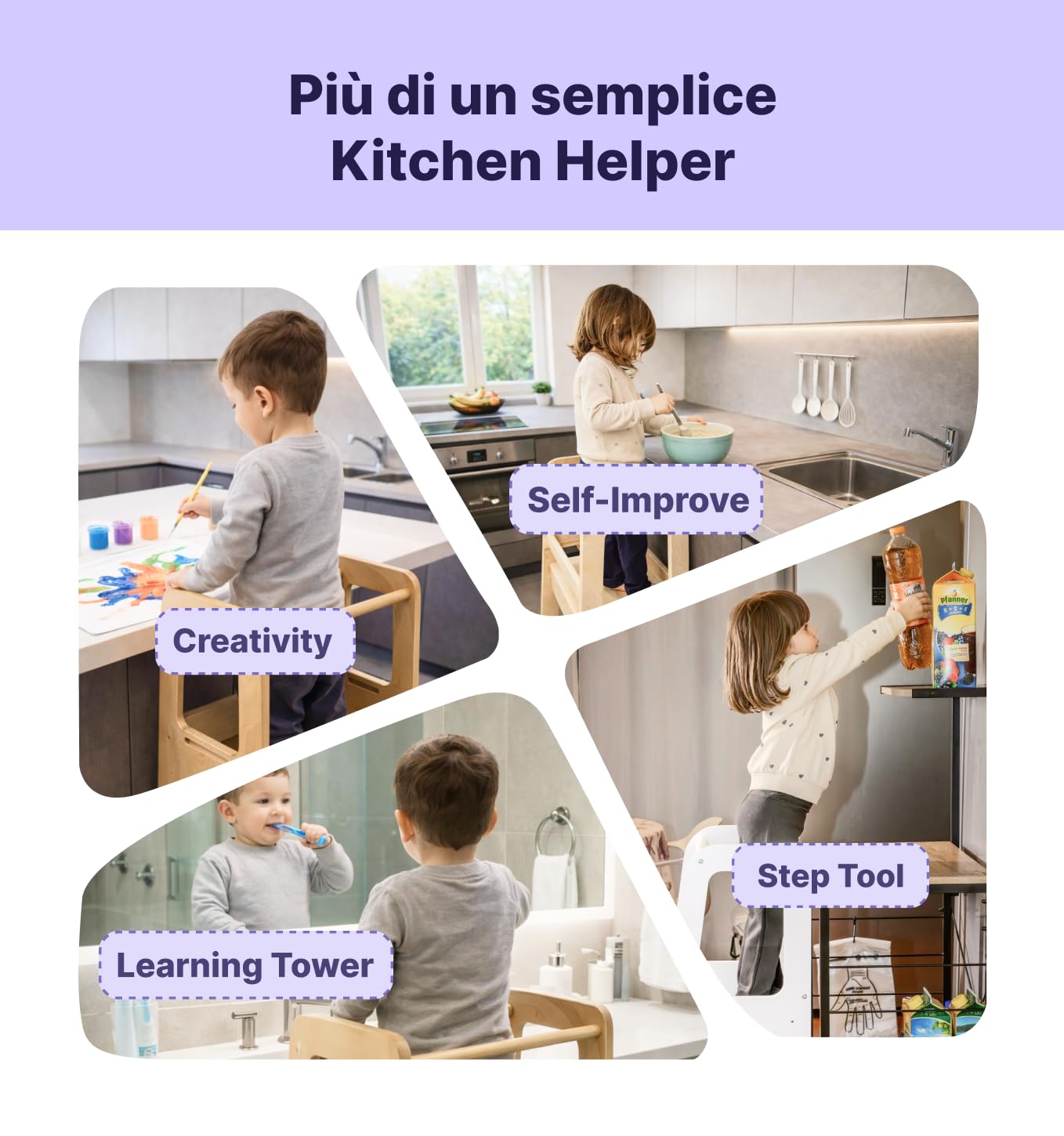 WOODYLAND Torre montessoriana Live, Scala bambini regolabile in altezza, Legno vero 40x39,5x90 cm