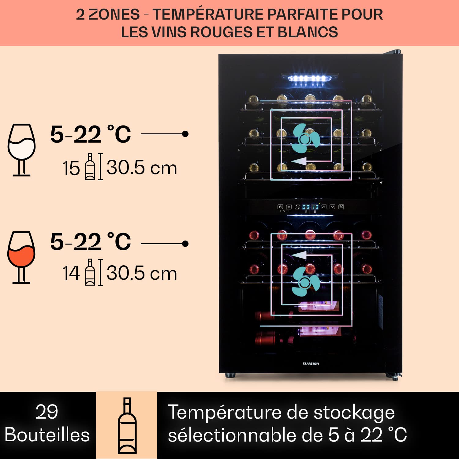 KLARSTEIN Cave à Vin 80L Double Zone, Porte en Verre, Armoire à Vin de Vieillissement, 29 Bouteilles