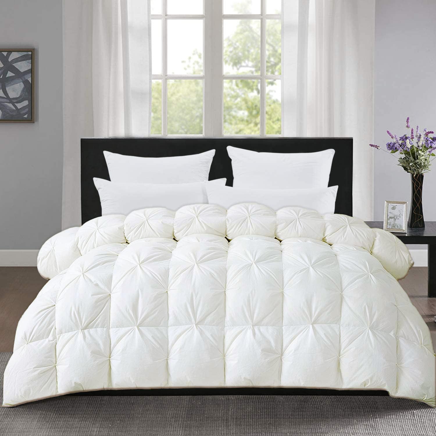 All-Season Luxury - Hotel Quality- Pintuck Style 100% Cotton 1-Piece Pinch Pleat Comforter with 4 Corner Tabs, 500 GSM - Machine Washable (White, Oversized King 132" x 120") Oversized King 132x120" White