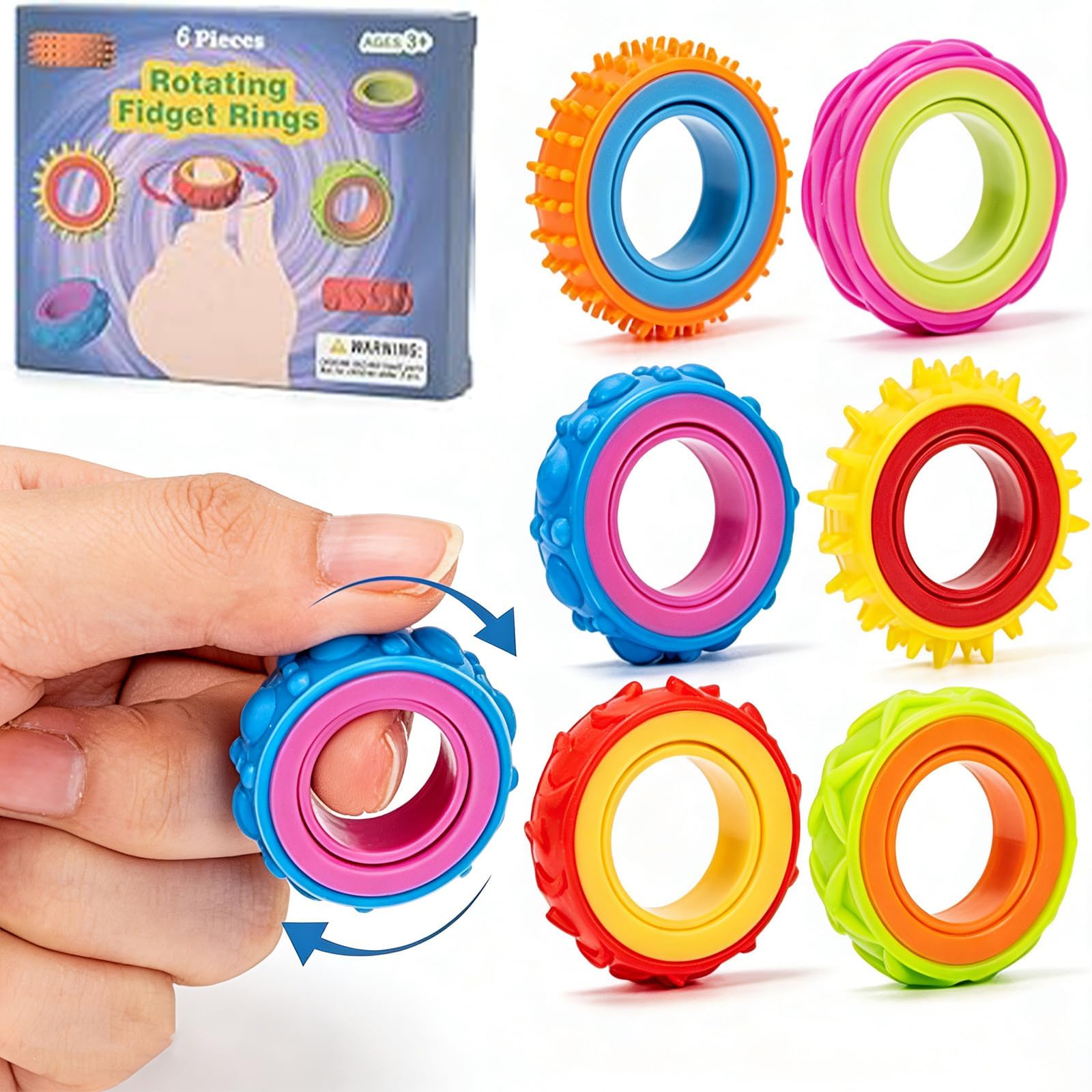 Fidget Sensory Rings,Fidget Ring Kids,Universal Silent Textured Fingertip Toy for Children and Adults,6-Piece Set to Relieve Anxiety and Stress,Suitable for Children,Adults,Classrooms,Offices