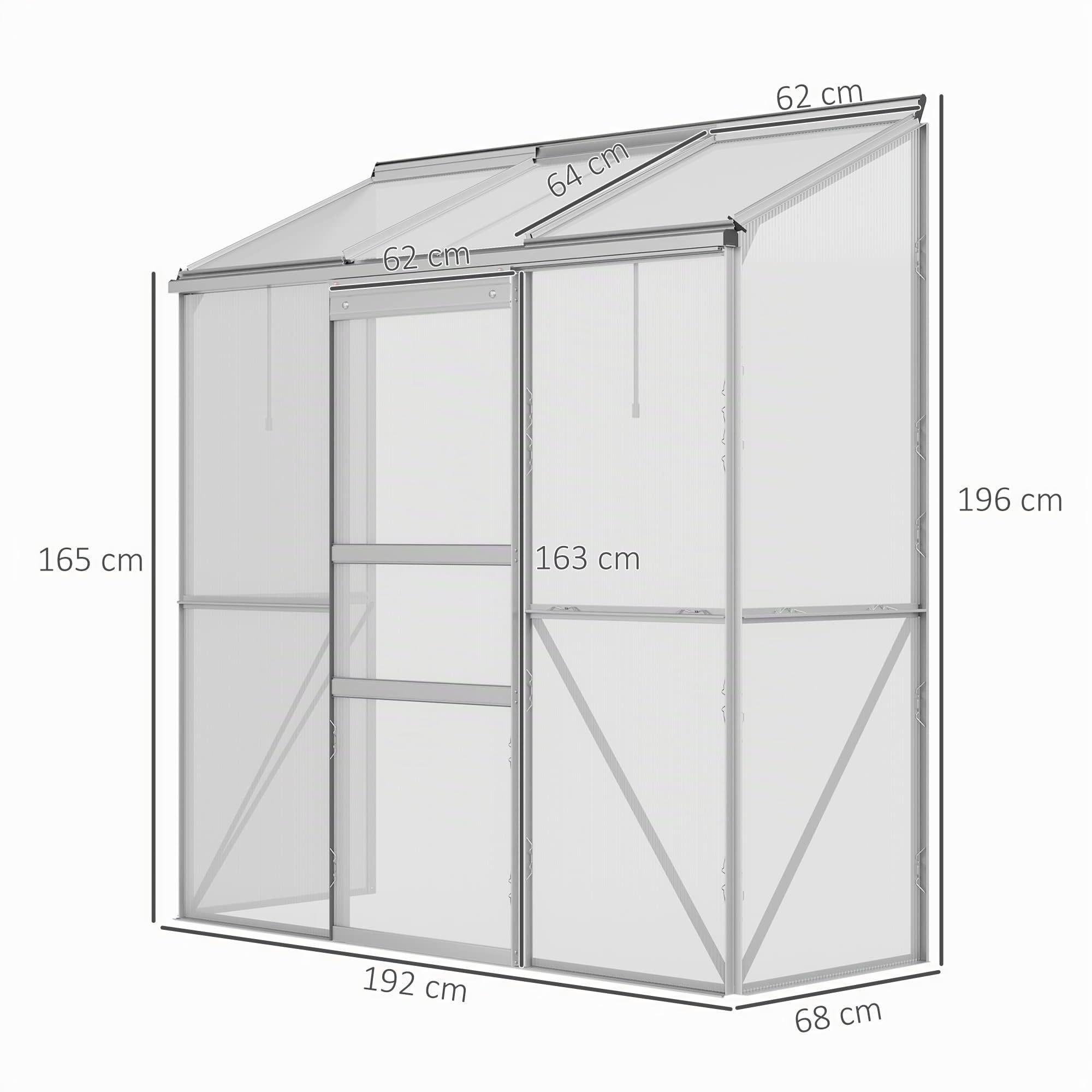 Outsunny Gewächshaus aus Polycarbonat und Alu 192 x 68 x 196 cm Silber | Mit Schiebetür, Aufklappbare Dachfenster, Treibhaus Tomatenhaus Pflanzenhaus für Garten