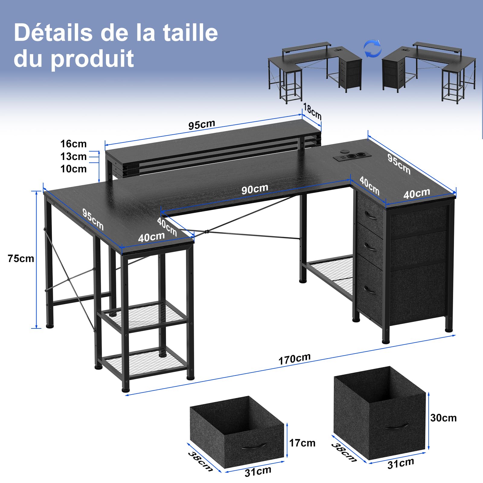 JUMMICO Bureau Gaming en U Réversible 170x95cm, Bureau d'angle, USB, Noir
