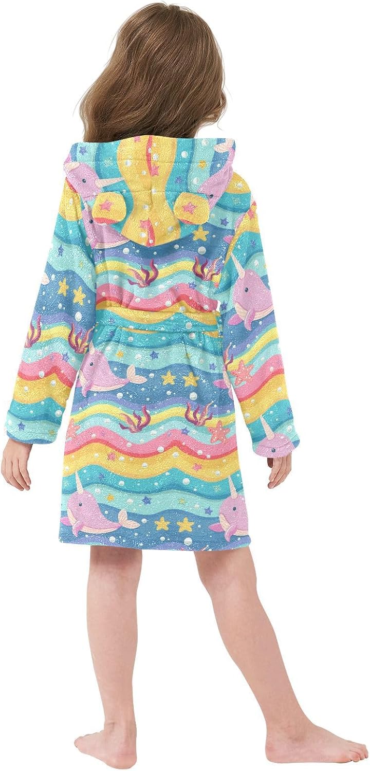 senya Rainbow Wave Whale Toddler Hooded Bathrobe Kids Soft Plush Bath Towel Robes for Boys Girls 2-12 Years