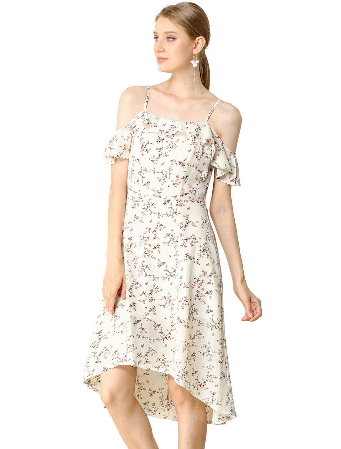 Women's Spaghatti Straps Ruffled Sleeves Asymmetrical High Low Floral A-Line Midi Dress
