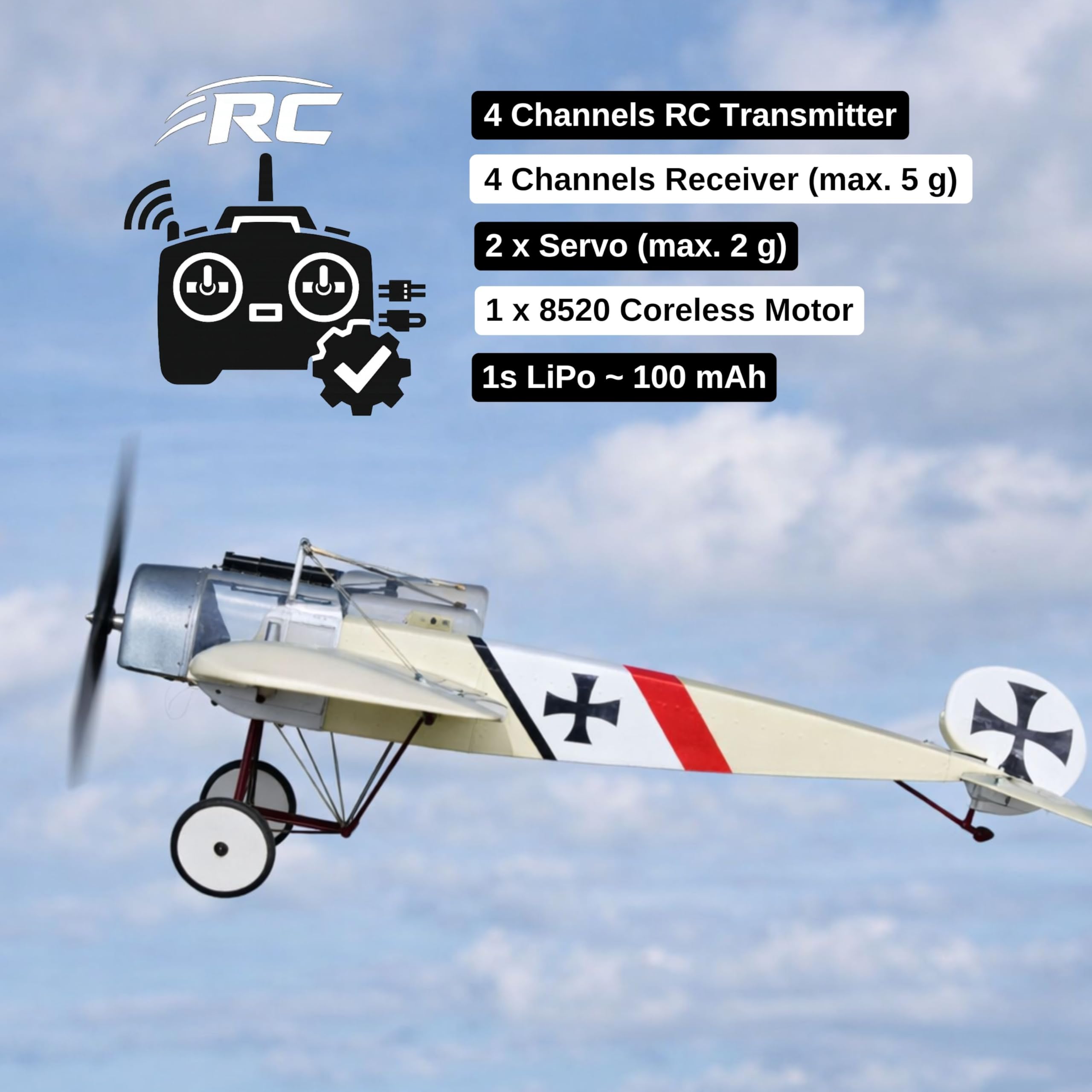 Fokker E.3 Slow Flyer Modellflugzeug Kit, Maßstab 1:20, 450 mm Spannweite, RC Flugzeugmodell Baukasten, Modell Flugzeug zum selbst Bauen, gelaserte Balsa Holz Bauteile, 450 x 300 x 91 mm, 40 g RTF