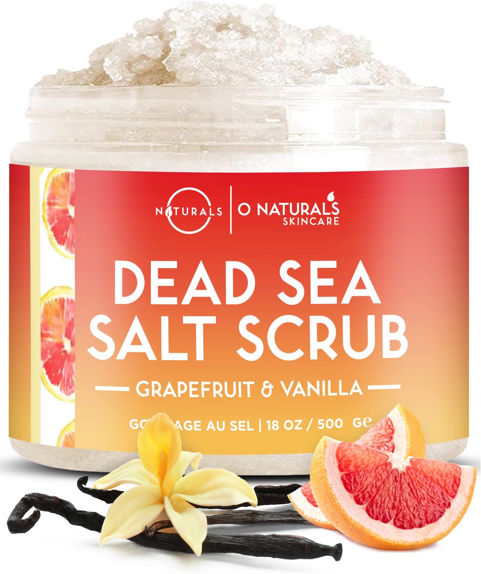 O Naturals Exfoliating Scrub, Natural Dead Sea Salt Deep-Cleansing Face & Body Scrubs. Anti-Cellulite Tones Helps Oily Skin, Acne, Ingrown Hairs & Dead Skin Remover - Grapefruit and Vanilla Oil 18oz