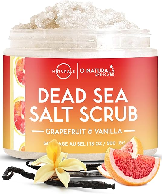 O Naturals Exfoliating Body Scrub Grapefruit & Vanilla Essential Oil Body Exfoliator - Organic Smoothing Body Scrub Exfoliator Dead Sea Salt Scrub Face Body & Foot Shower Scrub for Acne & Dead Skin