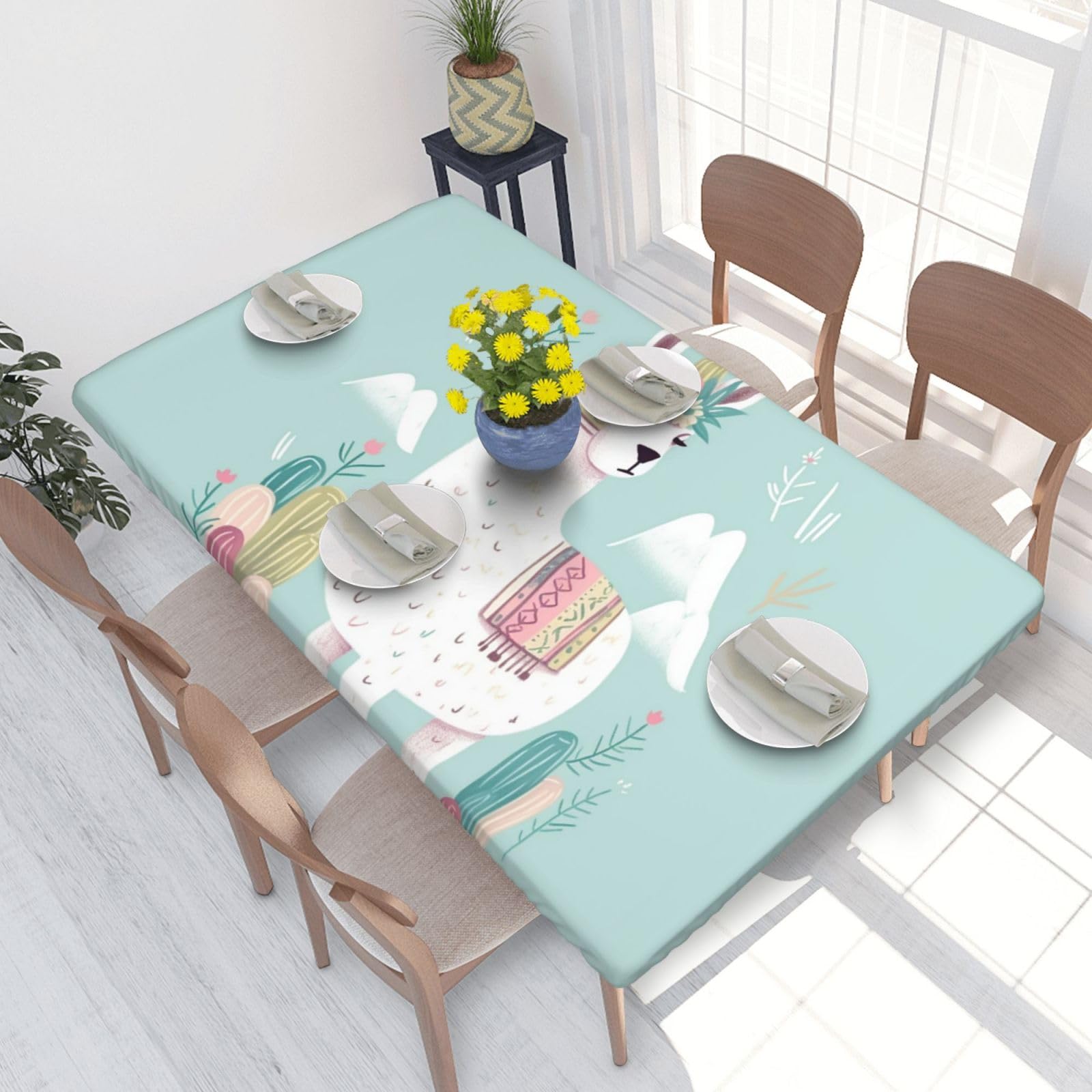 Cute Hand Drawn Llama Waterproof Square Table Cover Elastic Fitted Tablecloth Oil Proof Table Protector For 4ft Table