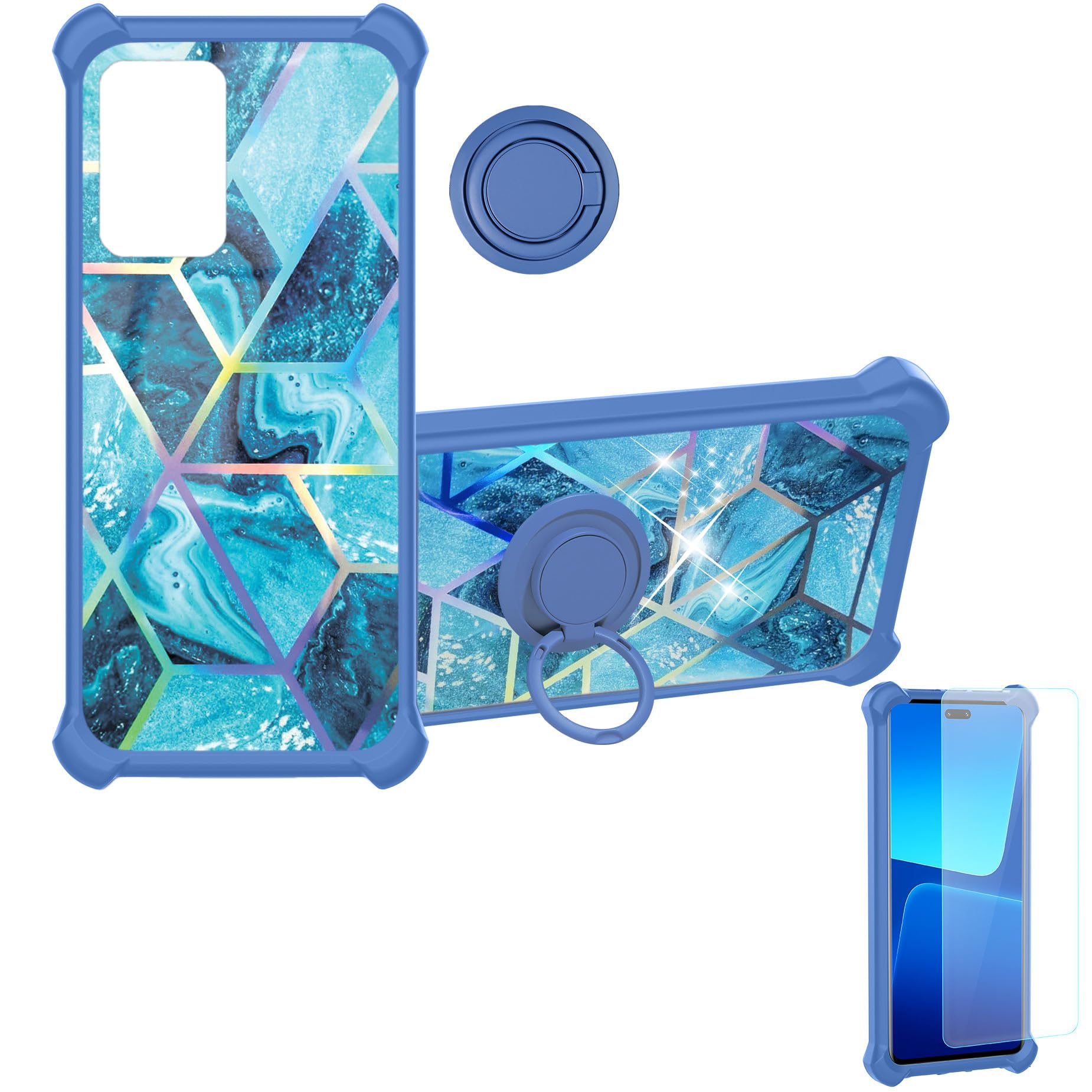 Aroepurt Case Compatible for Cricket U655AC Phone Case Cover [with Tempered Glass Screen Protector][Hard PC + Soft Silicone][Ring Support] [Colorful