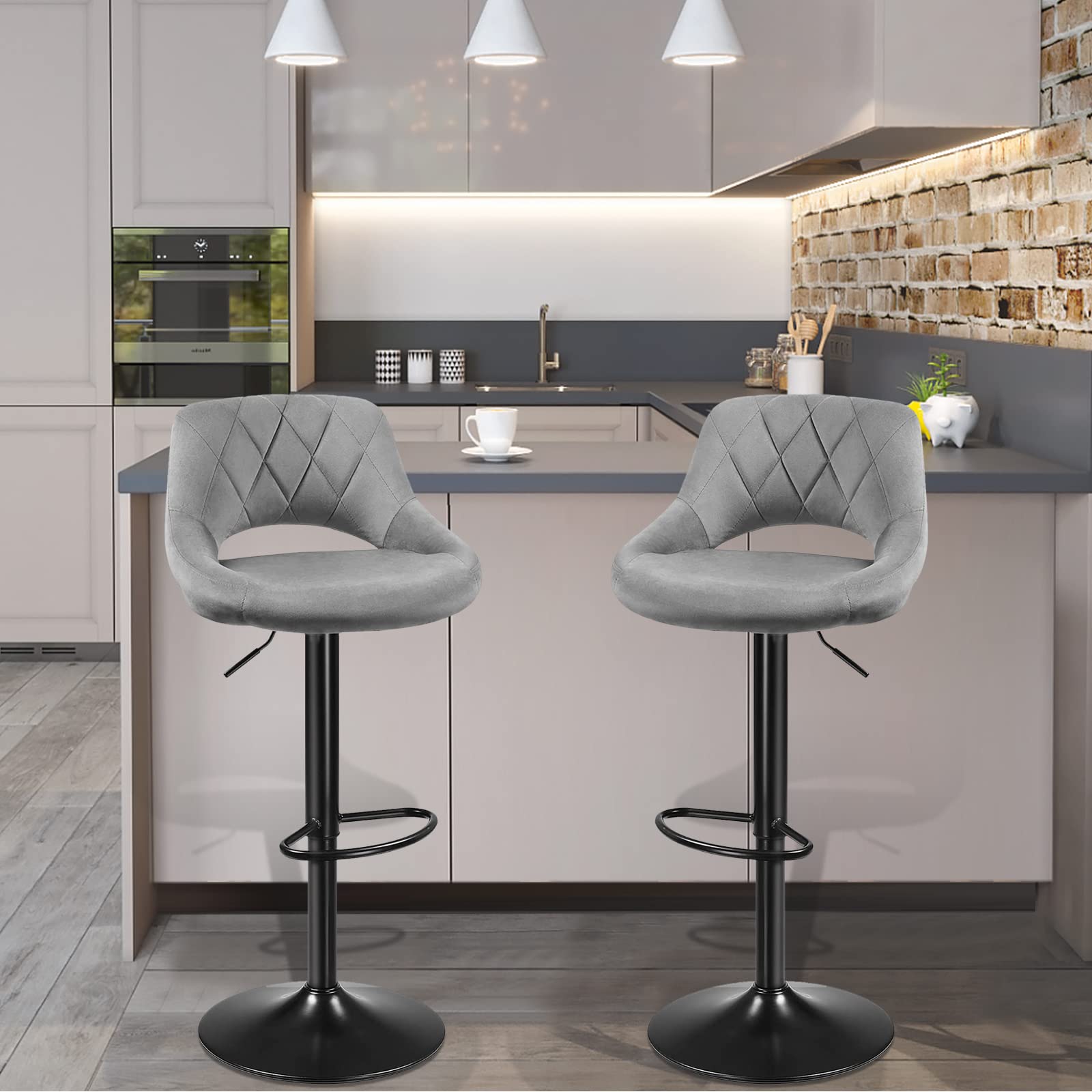 Taburete de bar, silla giratoria, taburete de cocina, taburete de Bistrot de terciopelo, sillas de altura ajustable con respaldo y reposapiés (2 unidades, gris claro)