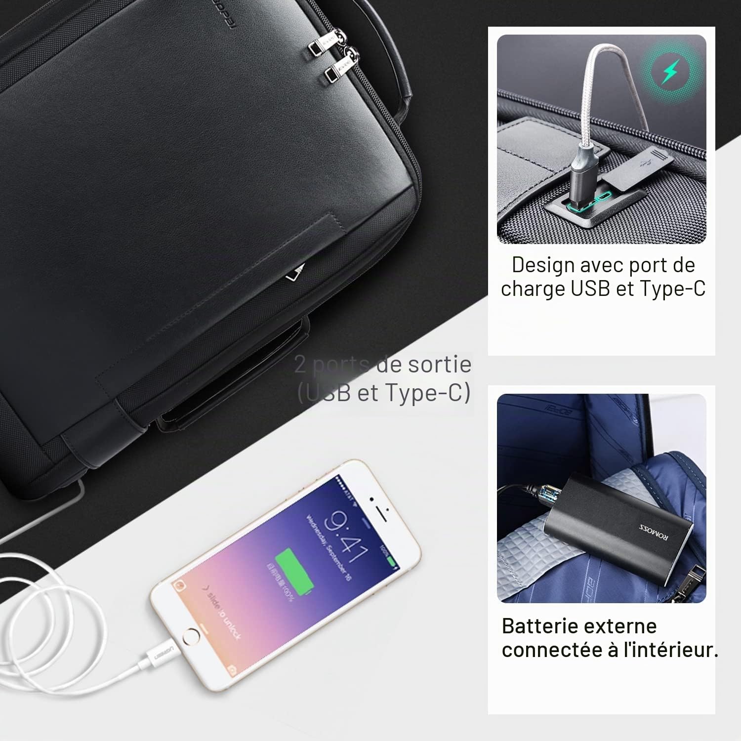 BOPAI Sacs à Dos pour Ordinateur Portable 15,6 Pouces Sac à Dos de Travail Homme de Voyage Femme Sac à Dos Anti-vol étanche USB Sac à Dos d'affaires pour Grande Capacité Loisirs Affaire Scolaire