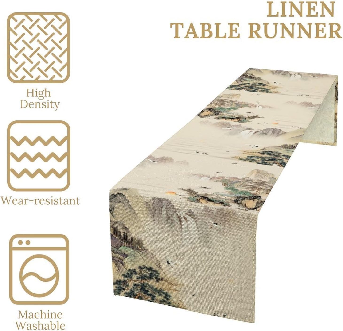 Chinese Landscape Table Runner, Vintage Traditional Asian Chinese Ink Painting Mountain Crane Waterfall Table Center Decor for Family Kitchen Outdoor Holiday Party Table Decorations, 13"x108"
