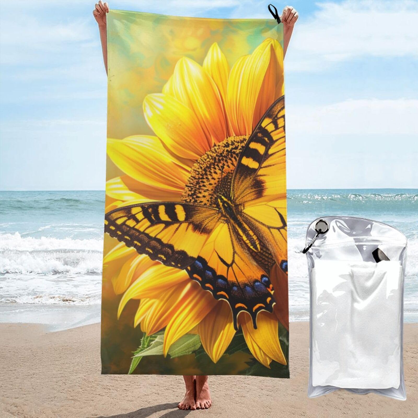 Microfiber Beach Towel, Sunflower Butterfly Sunny Printed Lightweight Quick Dry Travel Bath Sheet with Compact Carry Bag for Swimming Yoga Camping Gym,31.5"x63"