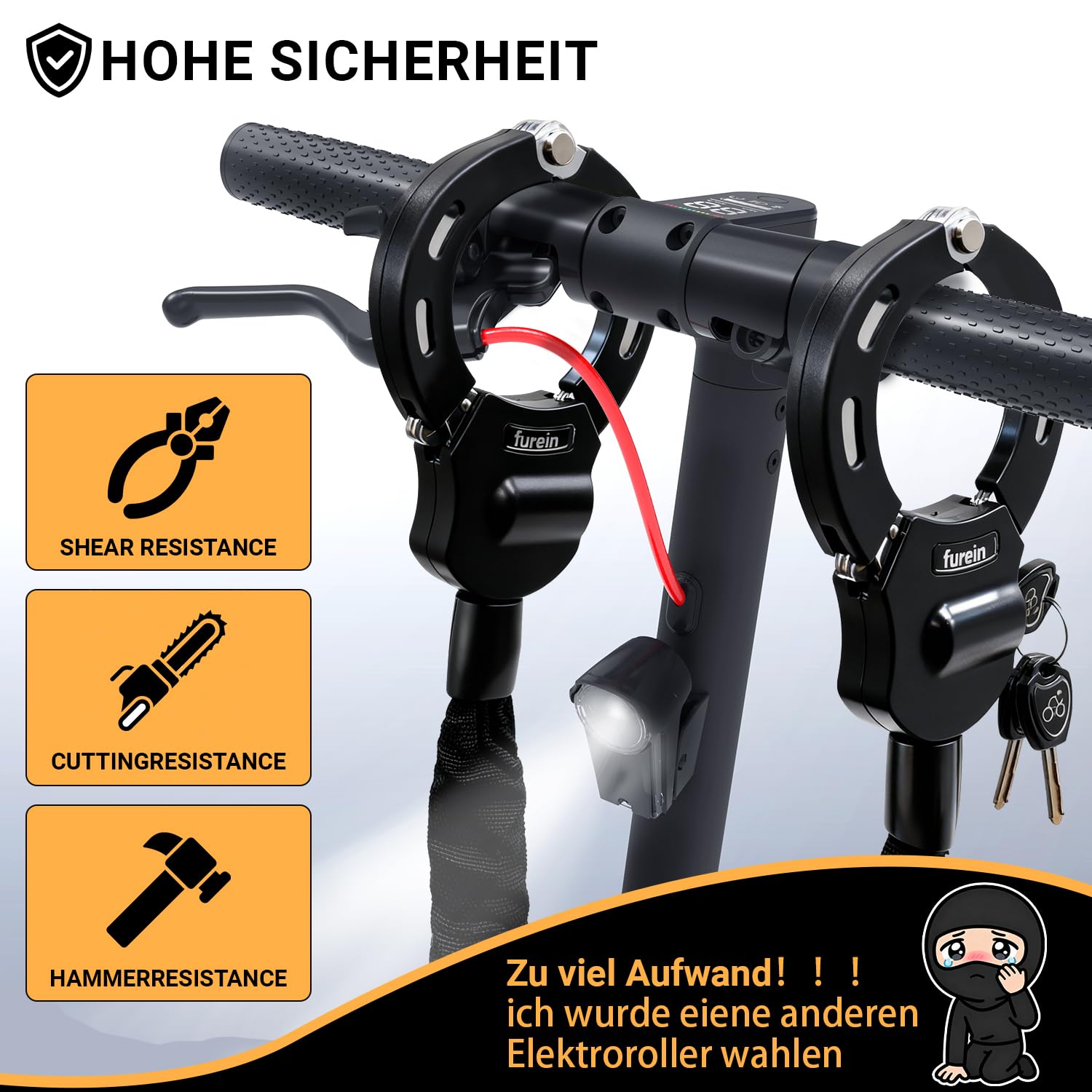 Antivol pour scooter électrique 8 mm - Antivol de menottes - Antivol - En silicone - Protection contre les rayures - Résistant aux coupures - Antivol - Pour scooter électrique - Moto - Noir