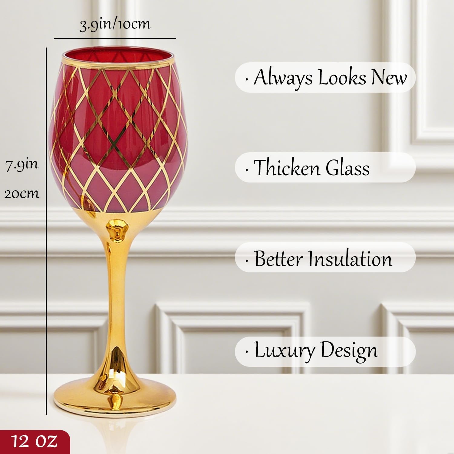 Red and Gold Wine Glasses Set of 6, Colored Stemmed and Rimmed Decorative Fancy Drinking Glass, for Gifts, Wedding, Thanksgiving, Birthday, Christmas Goblets Glassware Drinkware, 12oz - Image 4