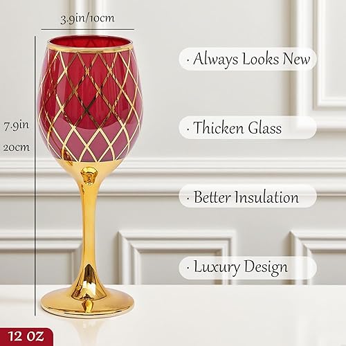 Miniatura 4 de Juego de 6 copas de vino doradas con tallo rojo y dorado, con borde dorado para Navidad, cumpleaños, 12 onzas